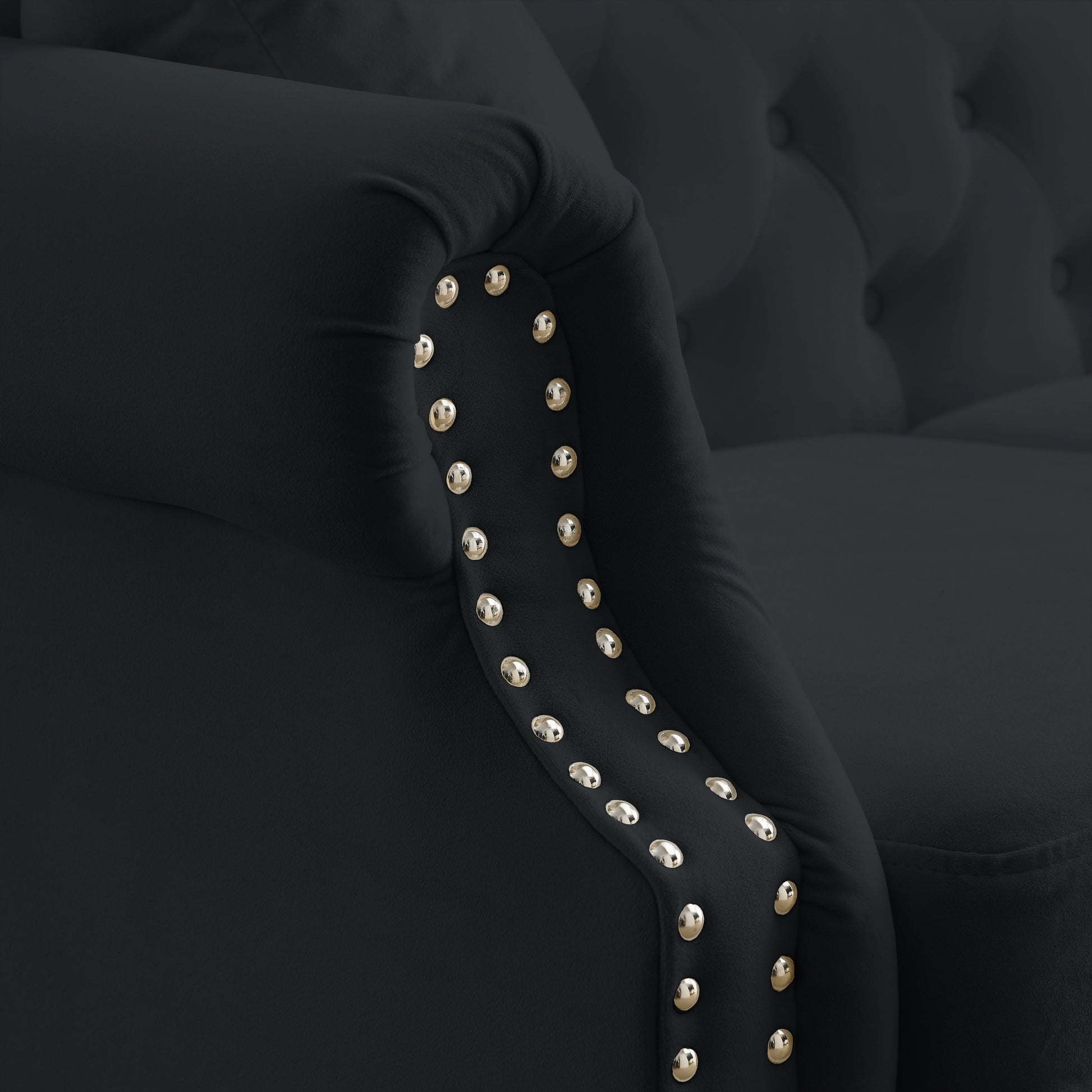 57" Chesterfield Sofa Black Velvet For Living Room, 2 Seater Sofa Tufted Couch With Rolled Arms And For Living Room, Bedroom, Office, Apartment, Two Pillows Black Foam Velvet