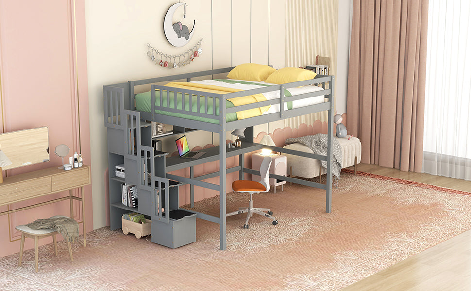 Full Size Loft Bed With Built In Desk, Bookshelves And Storage Staircase,Grey Old Sku:W504S00109 Full Grey Pine