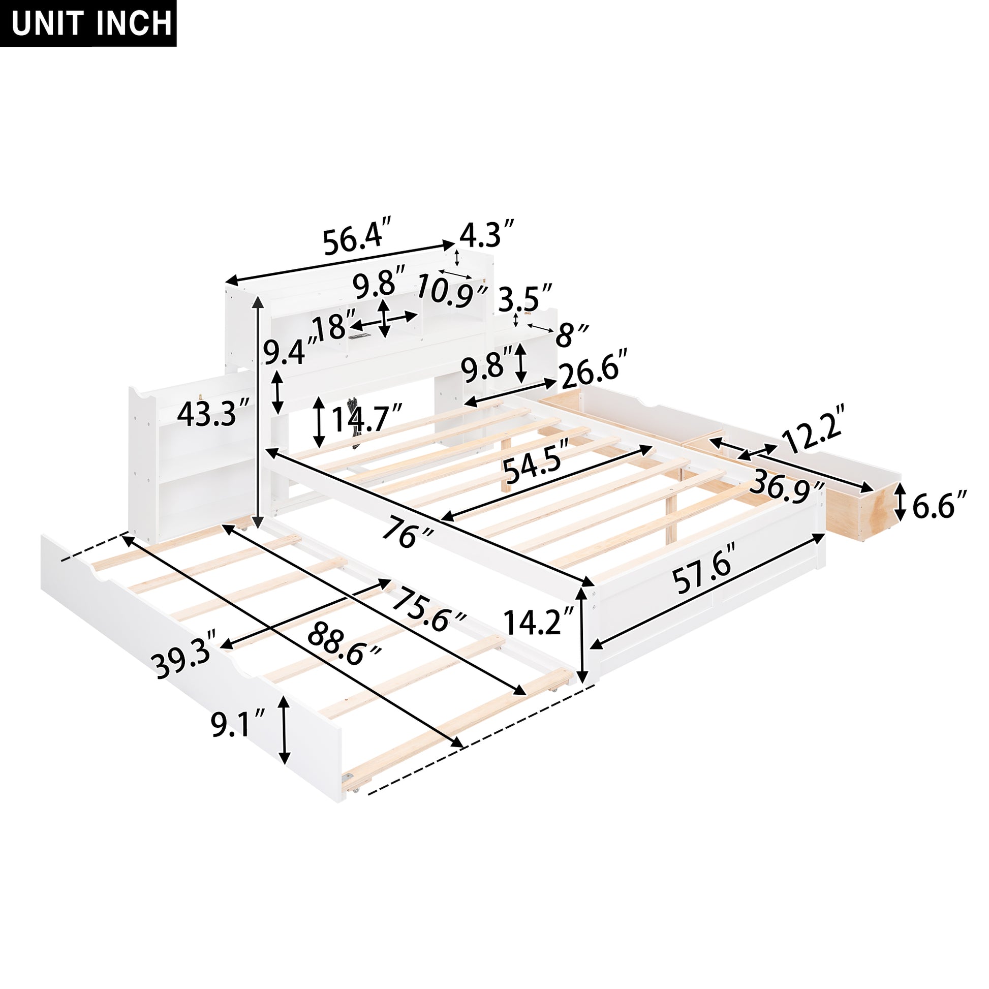 Full Size Storage Platform Bed With Pull Out Shelves, Twin Size Trundle And 2 Drawers, White Box Spring Not Required Full White Wood Bedroom Bed Frame Solid Wood Mdf