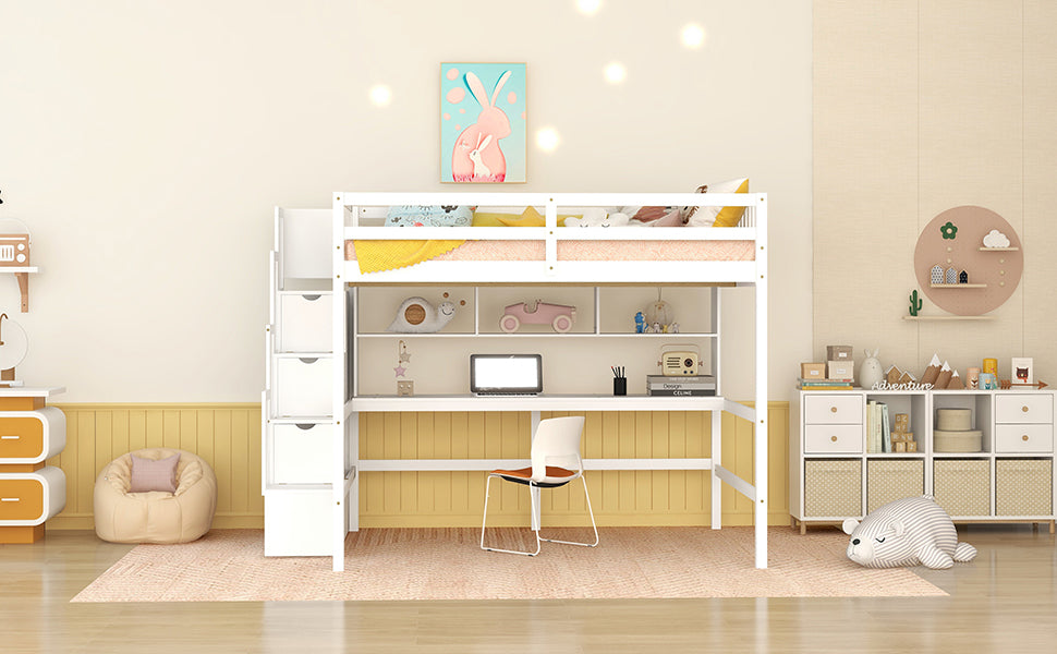 Full Size Loft Bed With Built In Desk, Bookshelves And Storage Staircase,White Old Sku:W504S00110 Full White Pine