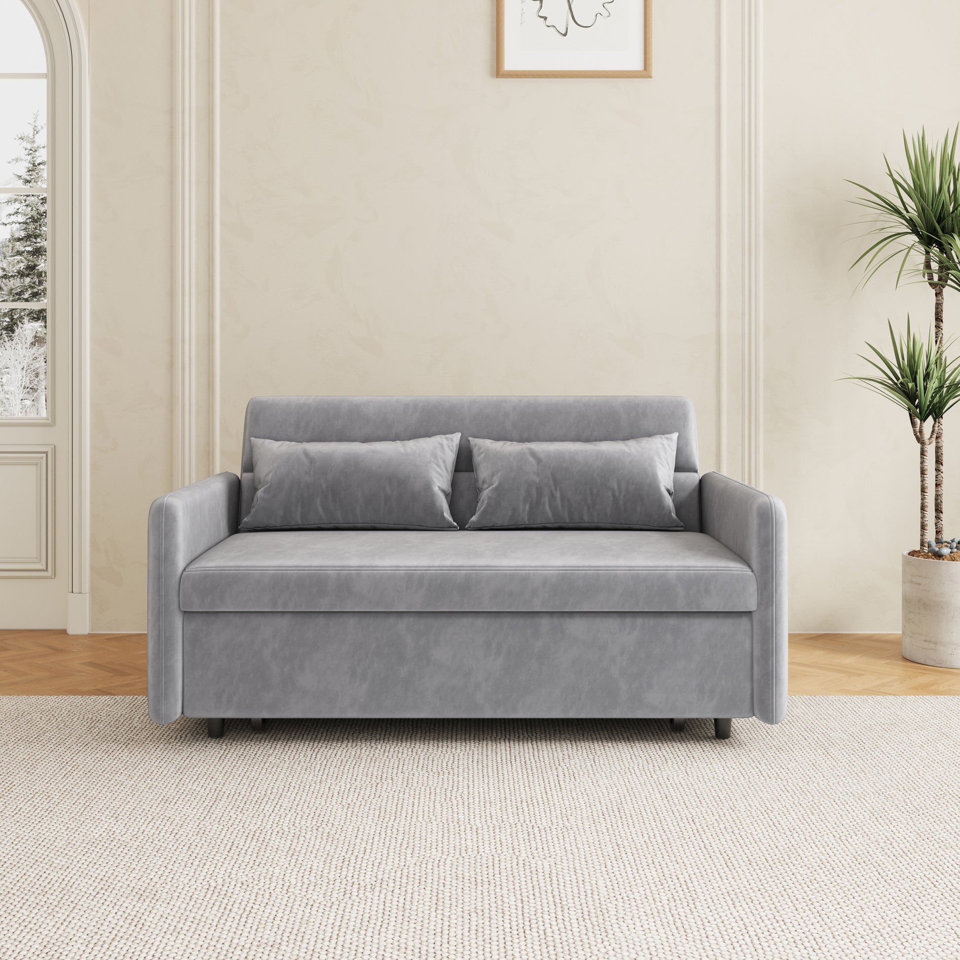 Sofa Pull Out Bed Included Two Pillows 54" Grey Velvet Sofa For Small Spaces Gray Altay Velvet