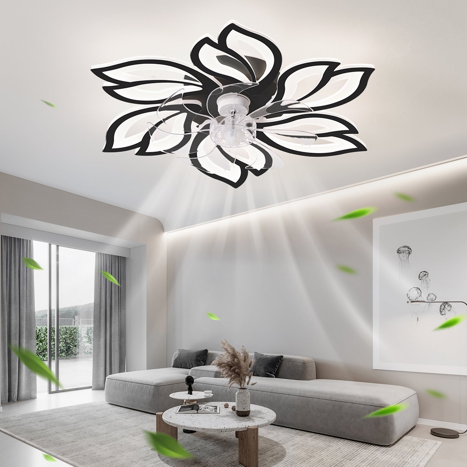 25.5In Ceiling Fan With Lights, Remote Control 3 Color Temperatures,6 Gear Wind Speed Fan Light Black Modern Acrylic