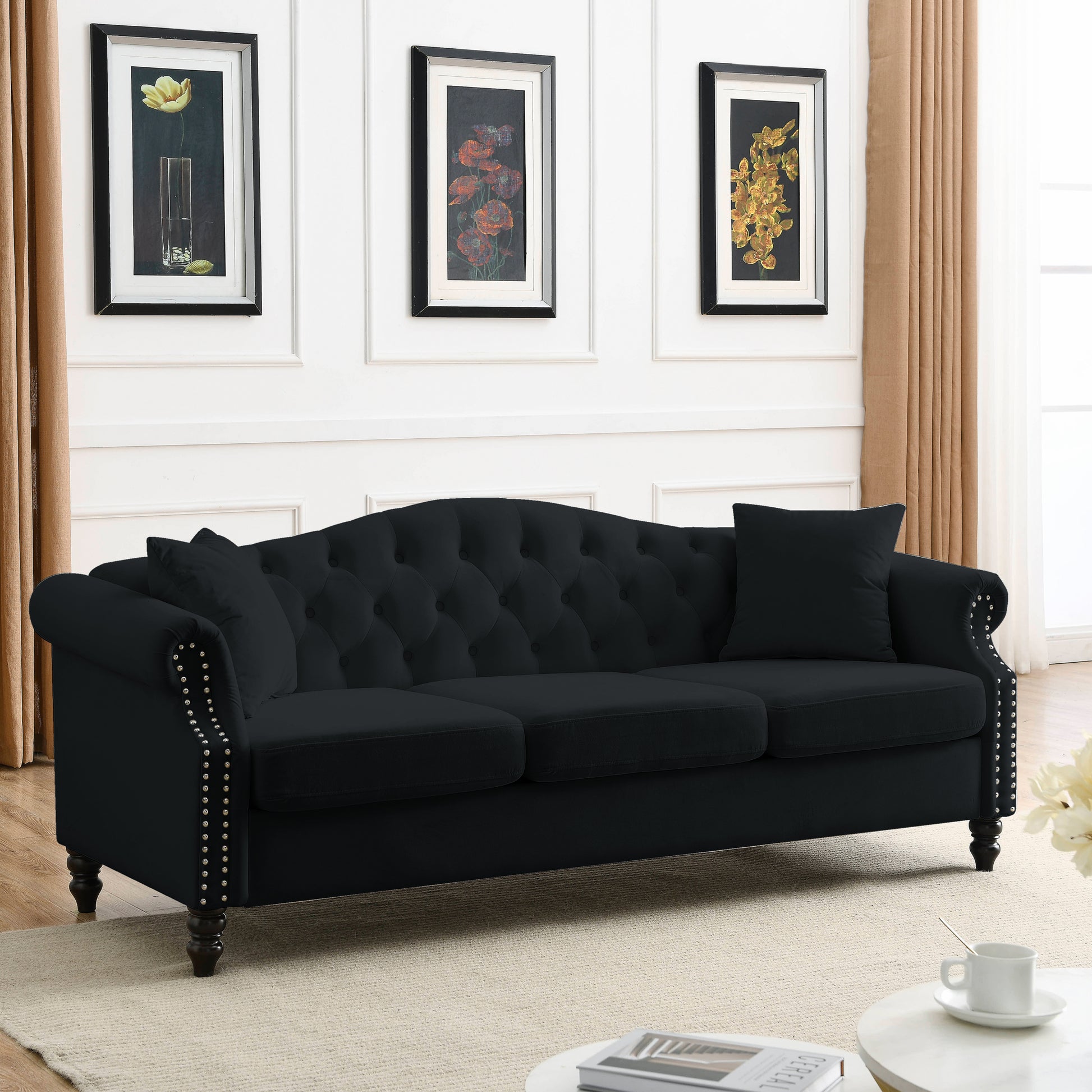 Video 79" Chesterfield Sofa Black Velvet For Living Room, 3 Seater Sofa Tufted Couch With Rolled Arms And For Living Room, Bedroom, Office, Apartment, 3S 3S Black Velvet