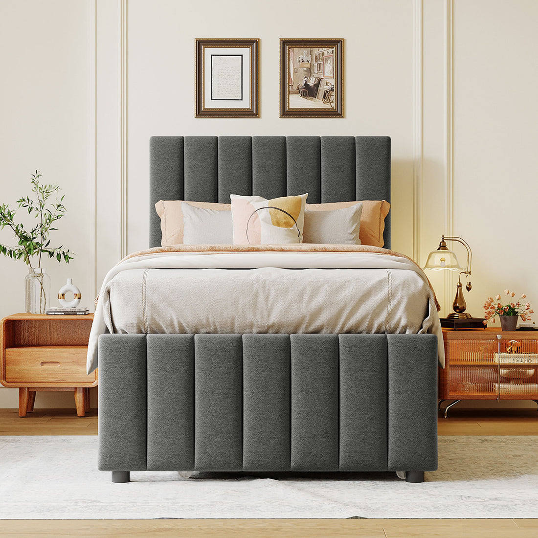 Twin Size Upholstered Platform Bed With Trundle And 3 Drawers, Linen Fabric, Gray Gray Linen