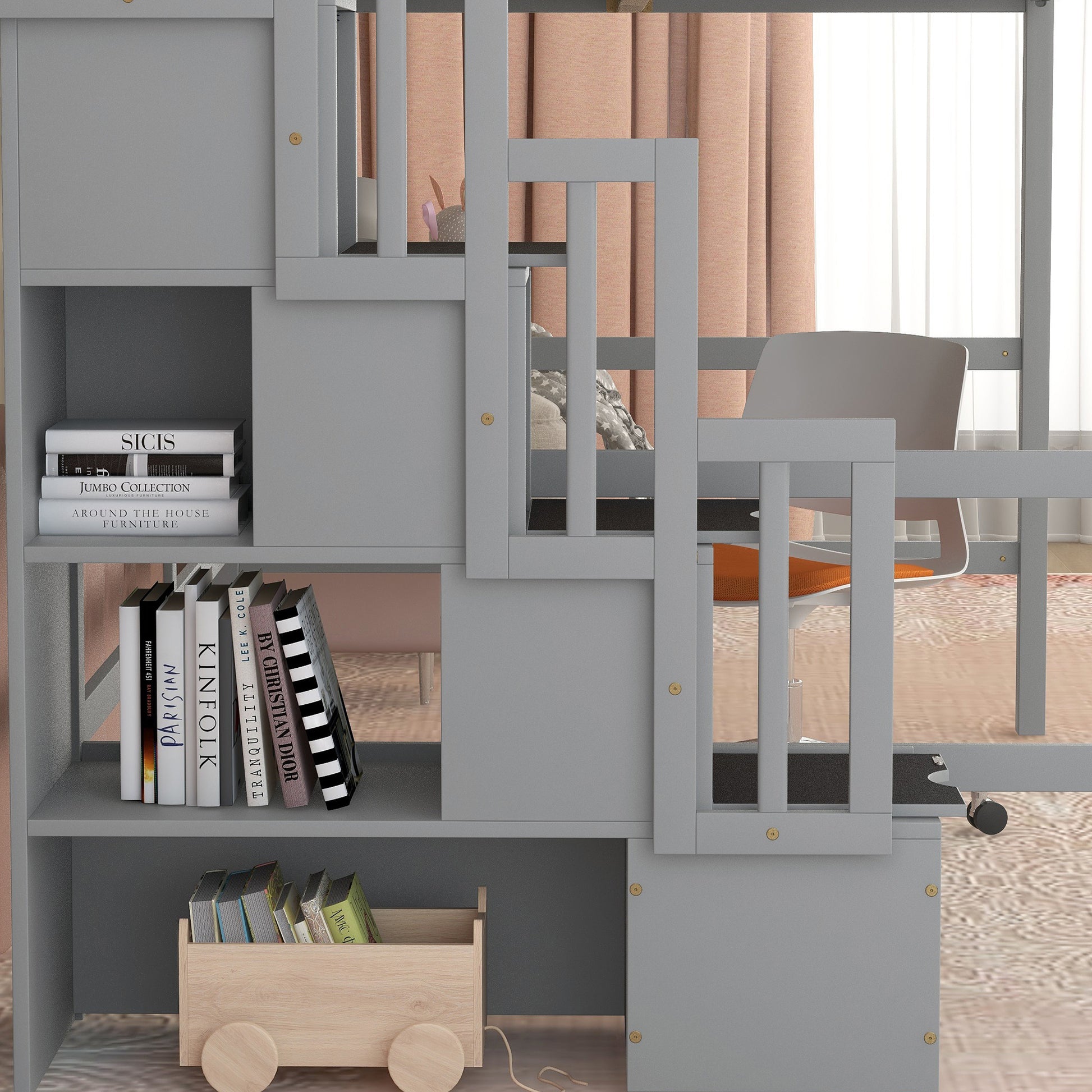 Full Size Loft Bed With Built In Desk, Bookshelves And Storage Staircase,Grey Old Sku:W504S00109 Full Grey Pine