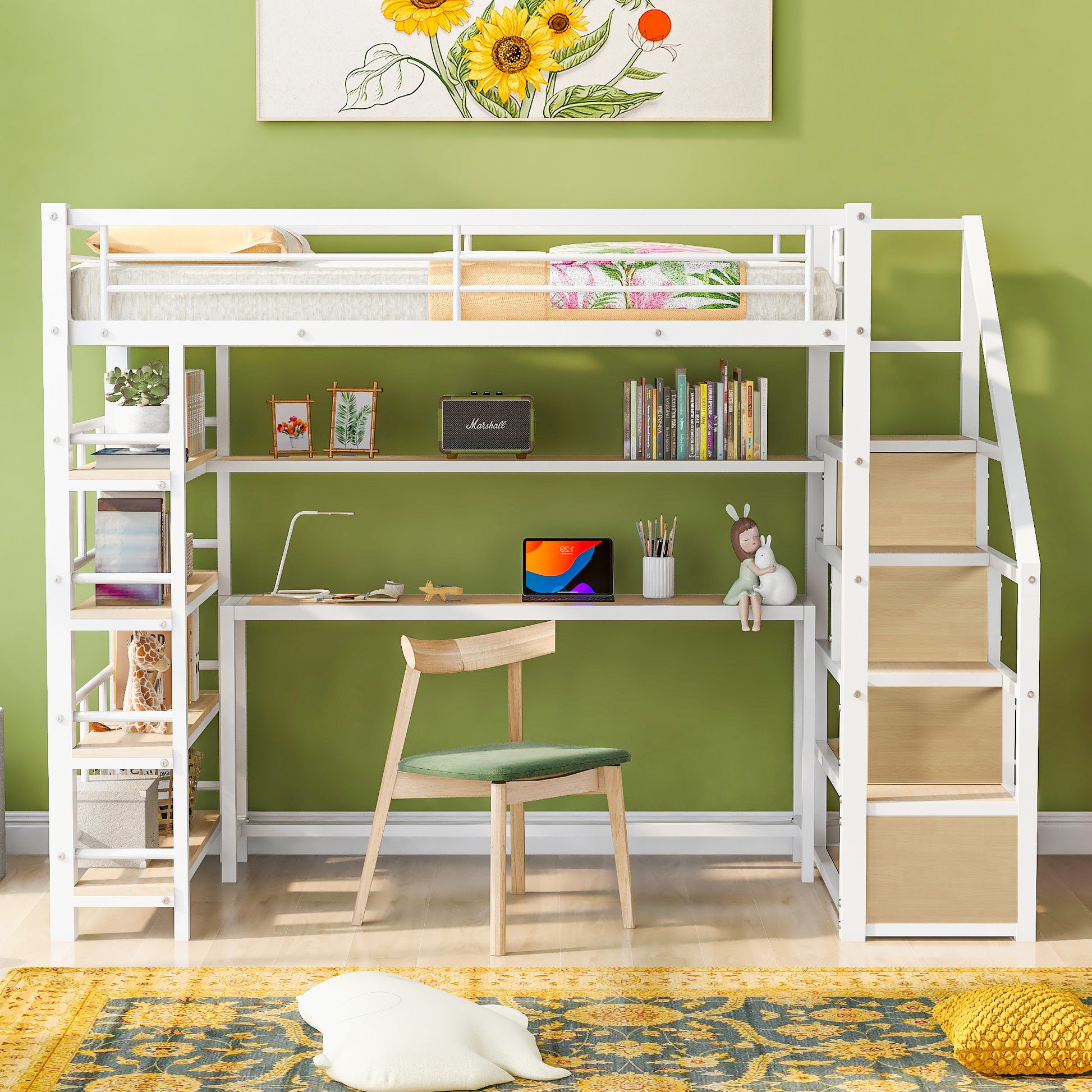 Twin Size Metal Loft Bed With Staircase, Built In Desk And Storage Shelves, White Box Spring Not Required Twin White Metal Bedroom Mdf Metal
