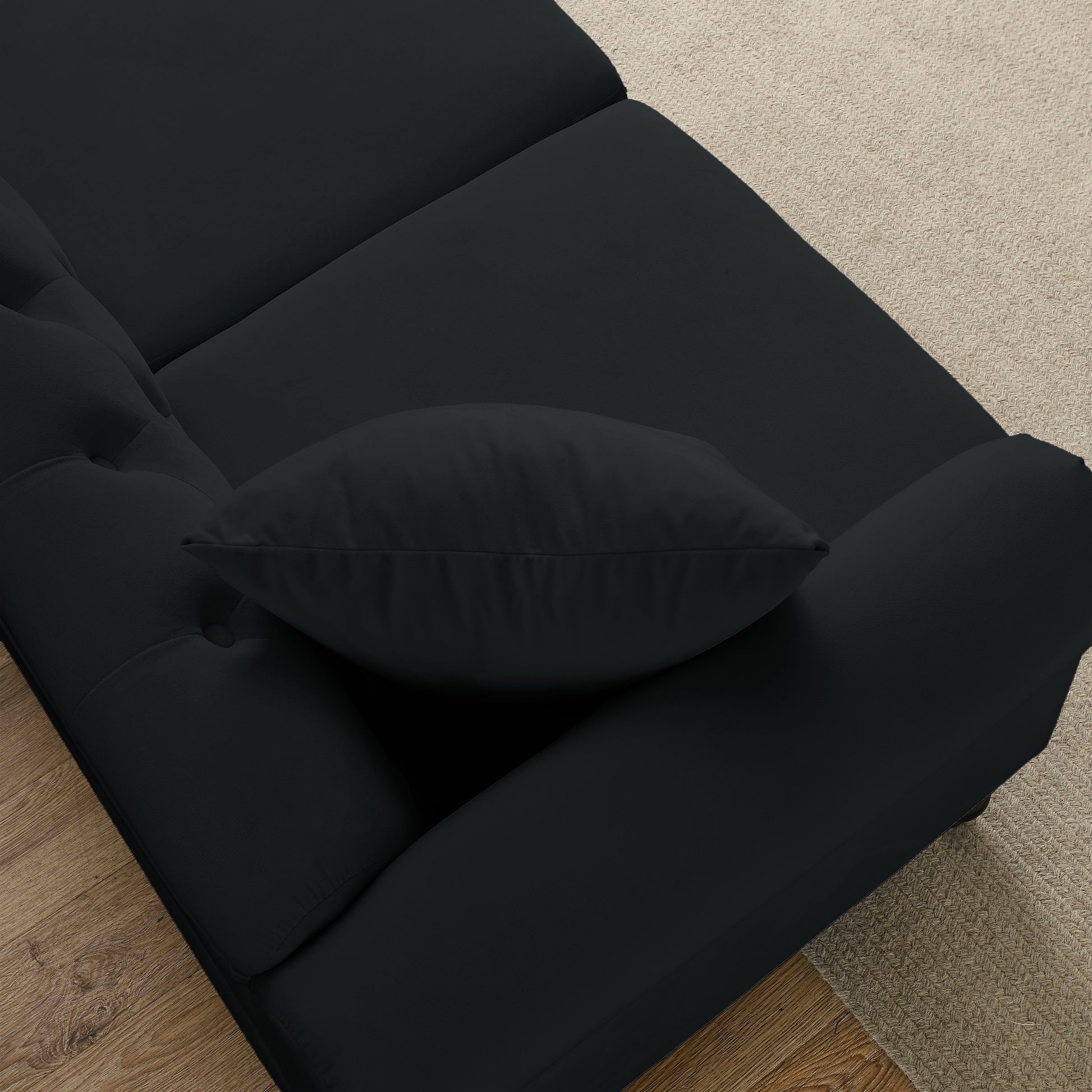 57" Chesterfield Sofa Black Velvet For Living Room, 2 Seater Sofa Tufted Couch With Rolled Arms And For Living Room, Bedroom, Office, Apartment, Two Pillows Black Foam Velvet