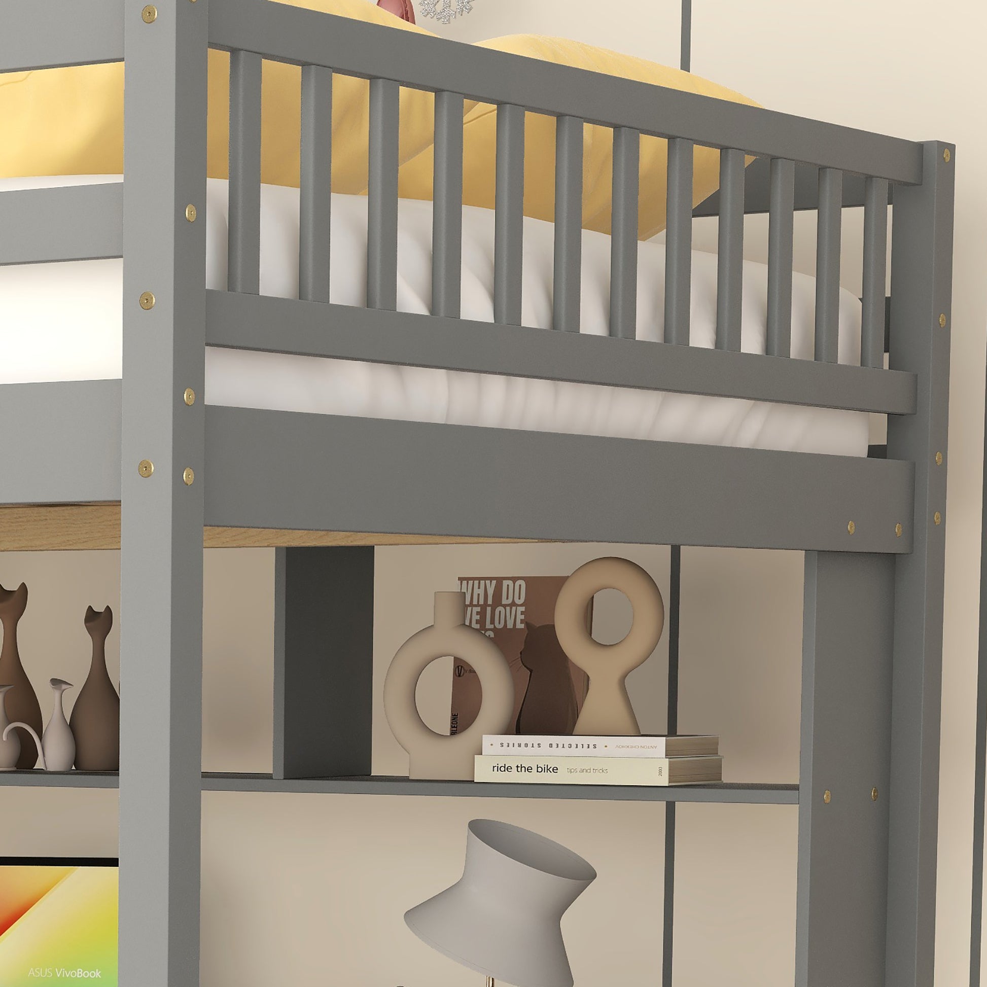 Full Size Loft Bed With Built In Desk, Bookshelves And Storage Staircase,Grey Old Sku:W504S00109 Full Grey Pine