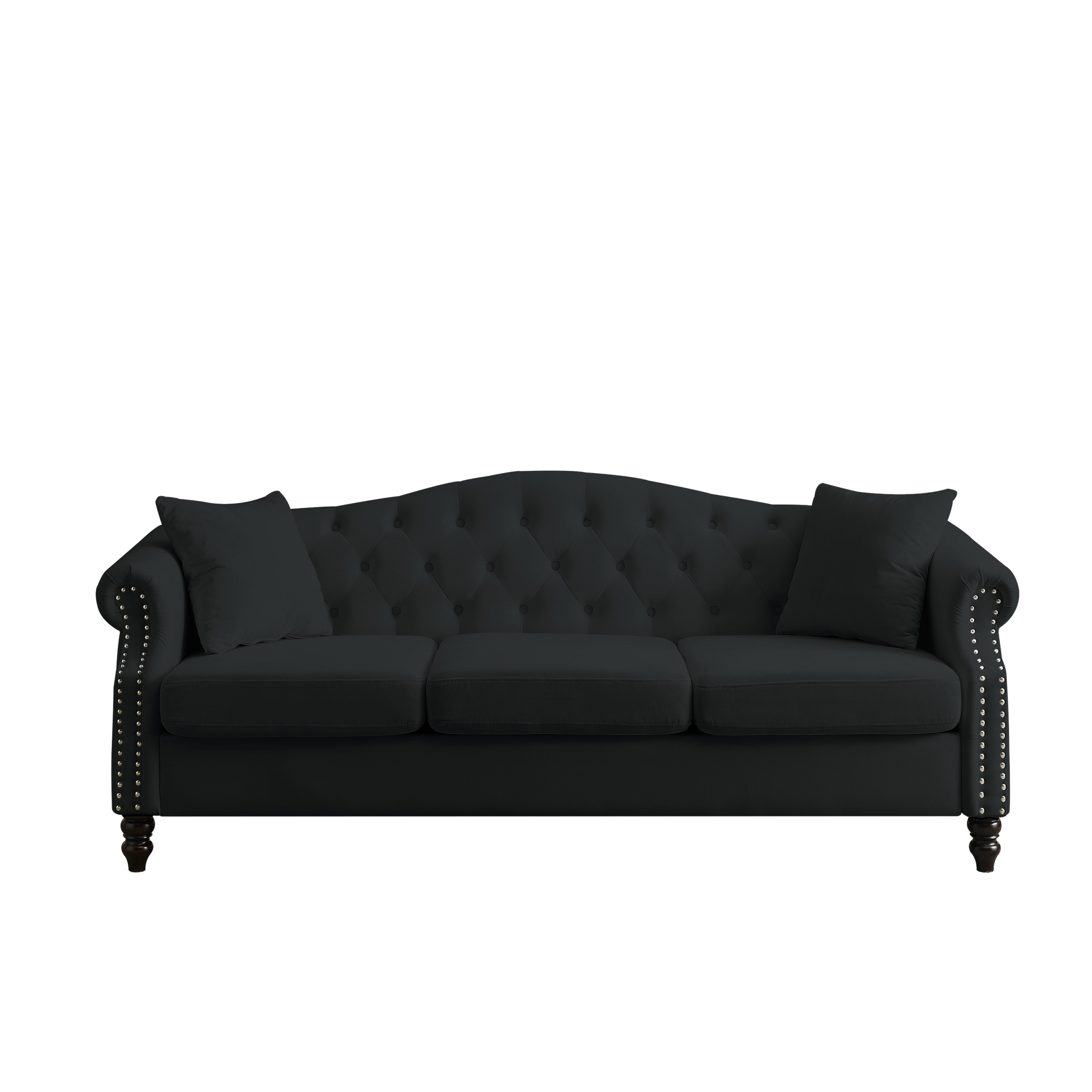 Video 79" Chesterfield Sofa Black Velvet For Living Room, 3 Seater Sofa Tufted Couch With Rolled Arms And For Living Room, Bedroom, Office, Apartment, 3S 3S Black Velvet