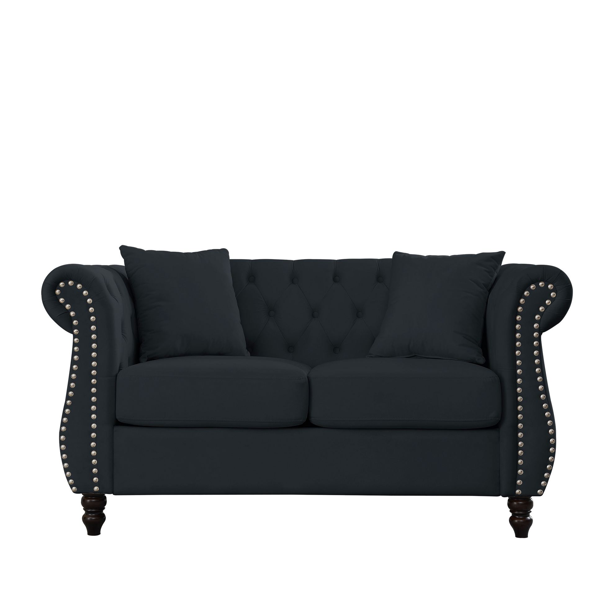 58.8" Chesterfield Sofa Black Velvet For Living Room, 2 Seater Sofa Tufted Couch With Rolled Arms And For Living Room, Bedroom, Office, Apartment, Two Pillows Black Foam Velvet