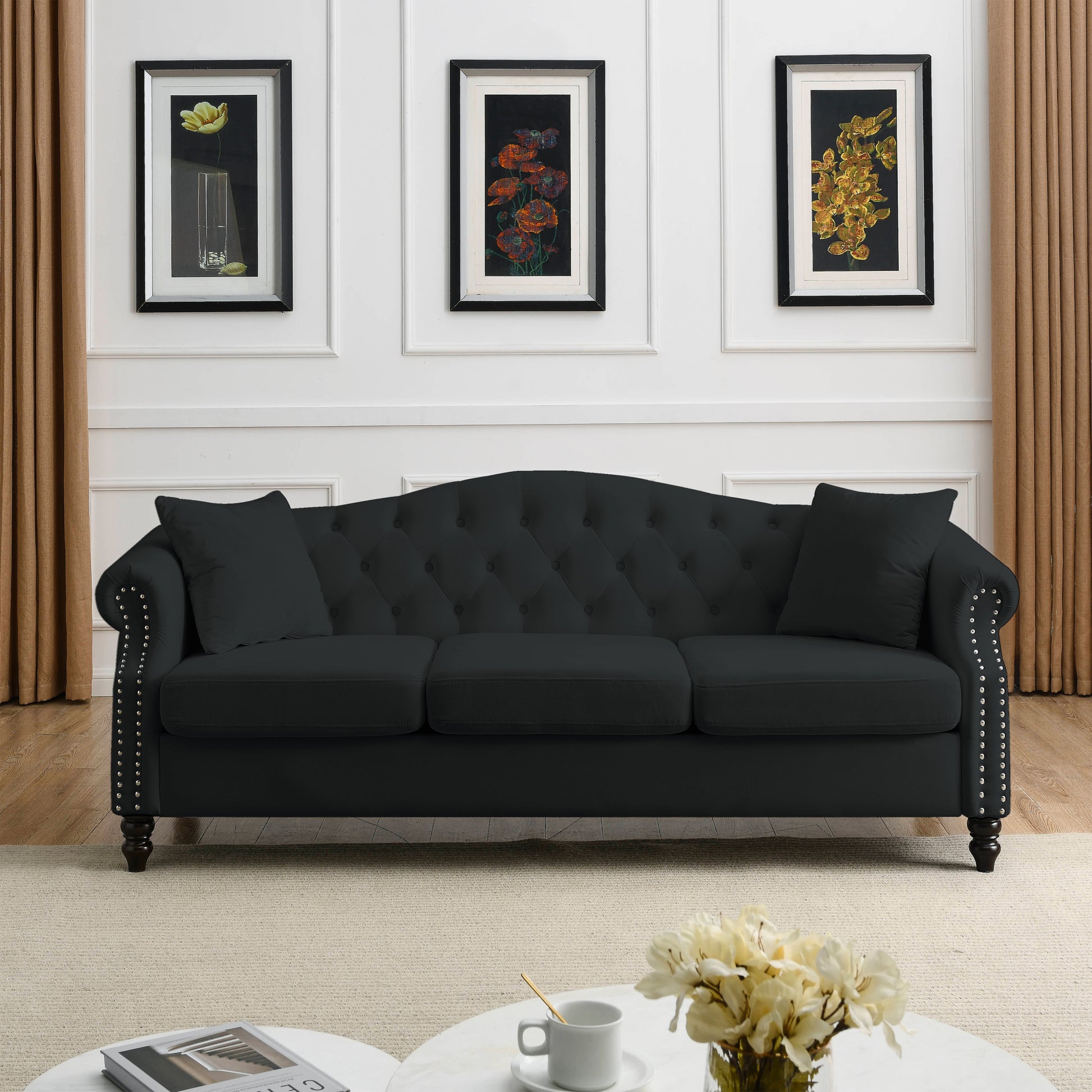 Video 79" Chesterfield Sofa Black Velvet For Living Room, 3 Seater Sofa Tufted Couch With Rolled Arms And For Living Room, Bedroom, Office, Apartment, 3S 3S Black Velvet