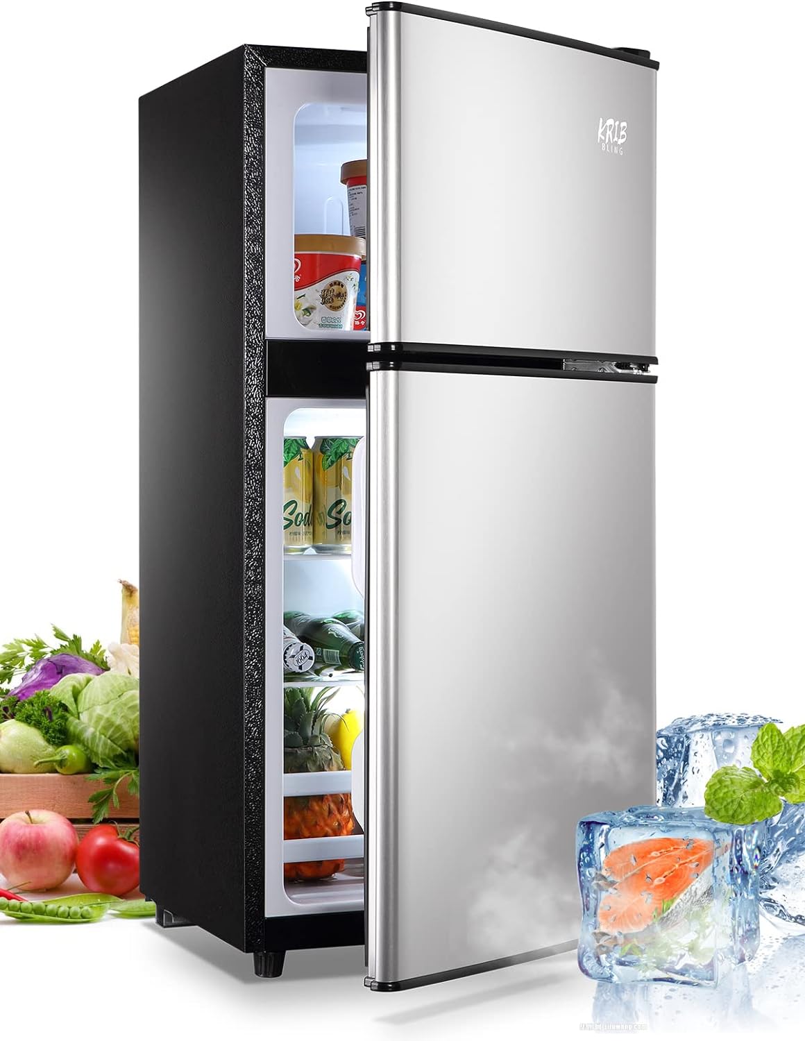 3.5Cu.Ft Compact Refrigerator Mini Fridge With Freezer, Small Refrigerator With 2 Door, 7 Level Thermostat Removable Shelves For Kitchen, Dorm, Apartment, Bar, Office Silver Ban On Silver Abs Steel Q235