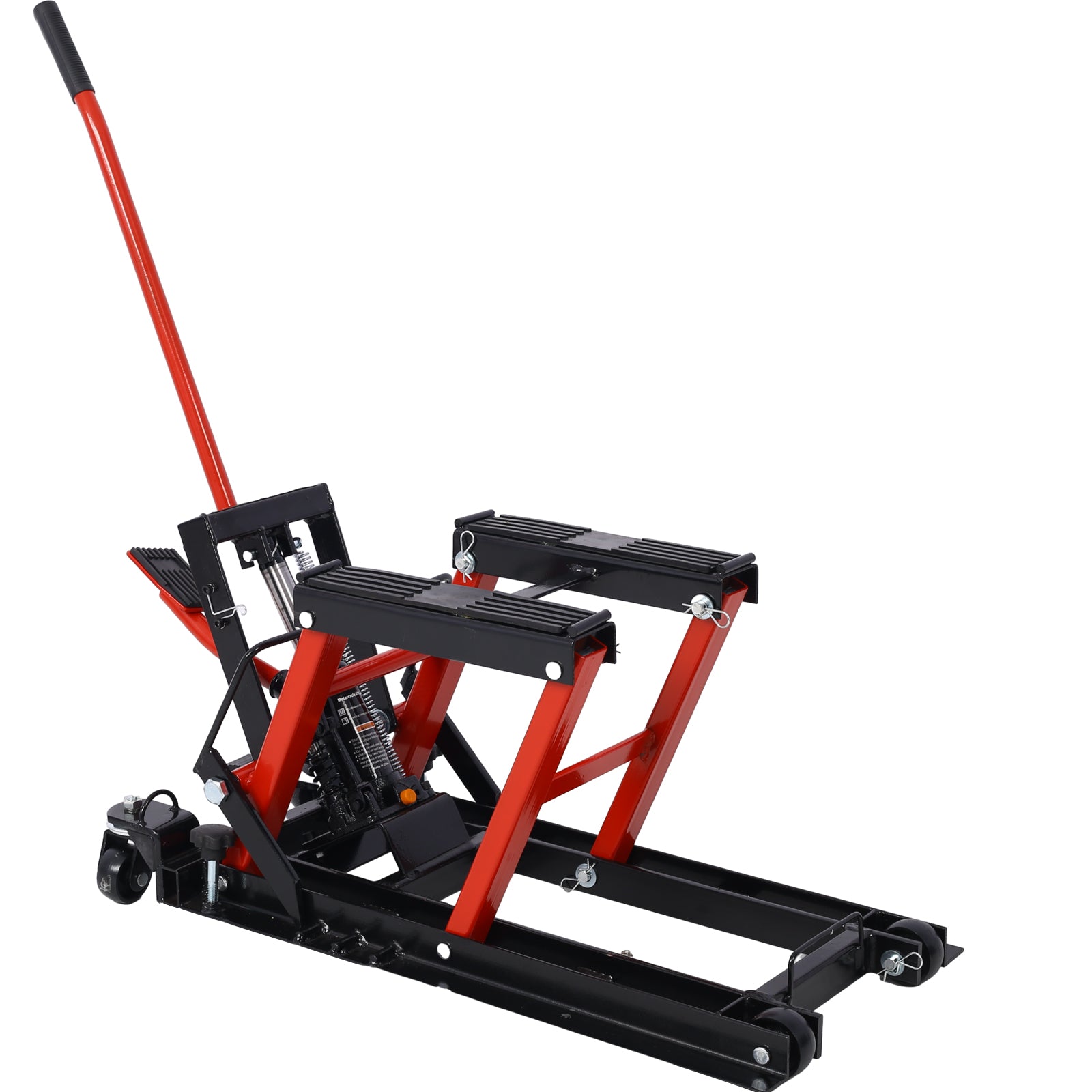 Hydraulic Motorcycle Lift Jack, 1500 Lbs Capacity Atv Scissor Lift Jack, Portable Motorcycle Lift Table With 4 Wheels, Hydraulic Foot Operated Hoist Stand For Motorcycle Atv Utv Powersports Black Red Steel