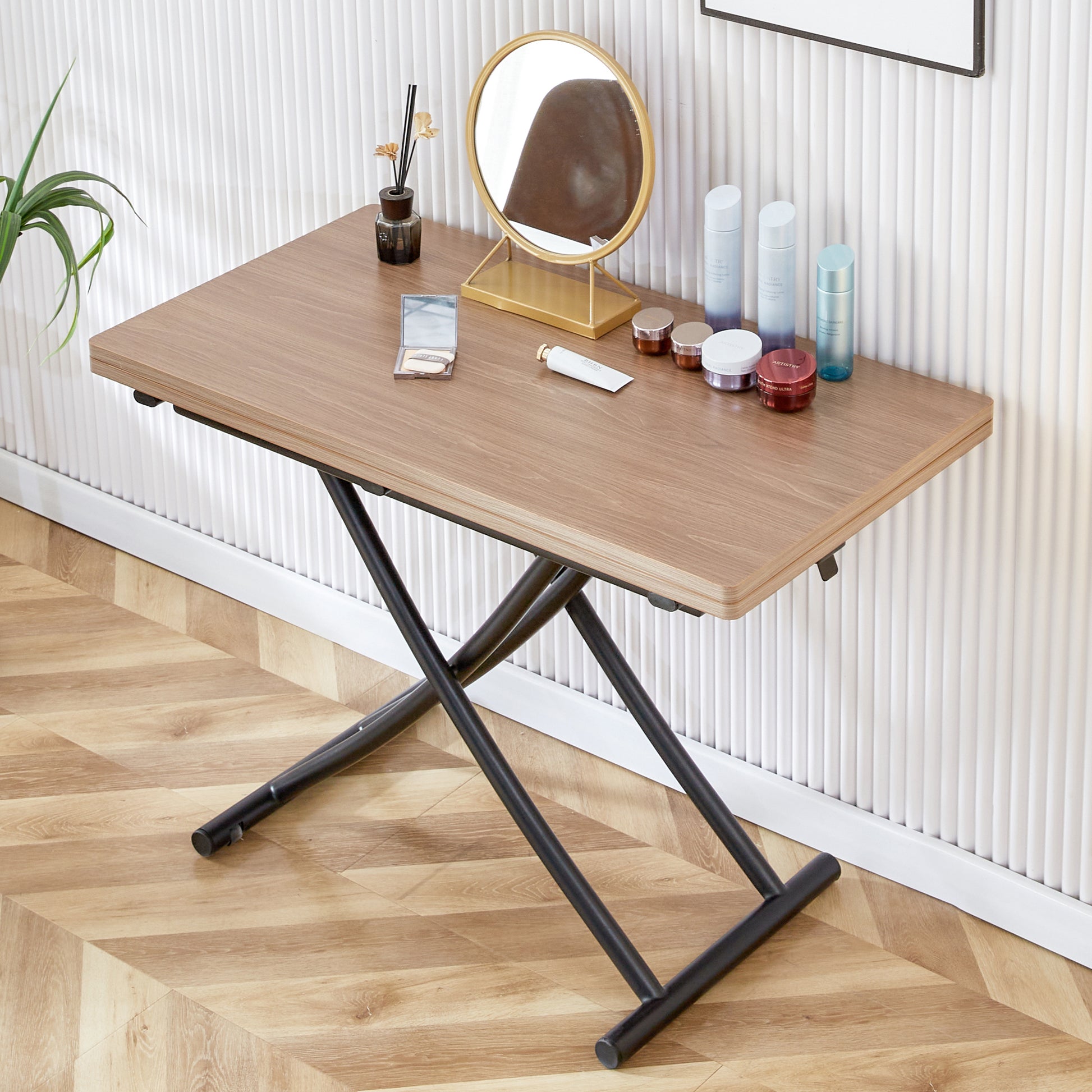 A Modern And Minimalist Multifunctional Lifting Table With A Thickness Of 0.8 Inches. Wooden Grain Craft Sticker Tabletop And Black Metal Table Legs. 4 Faux Leather Upholstered Dining Chairs Natural Wood Wash Metal