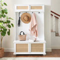 Casual Style Hall Tree Entryway Bench With Rattan Door Shelves And Shoe Cabinets, Solid Wood Feet, White, 40.16