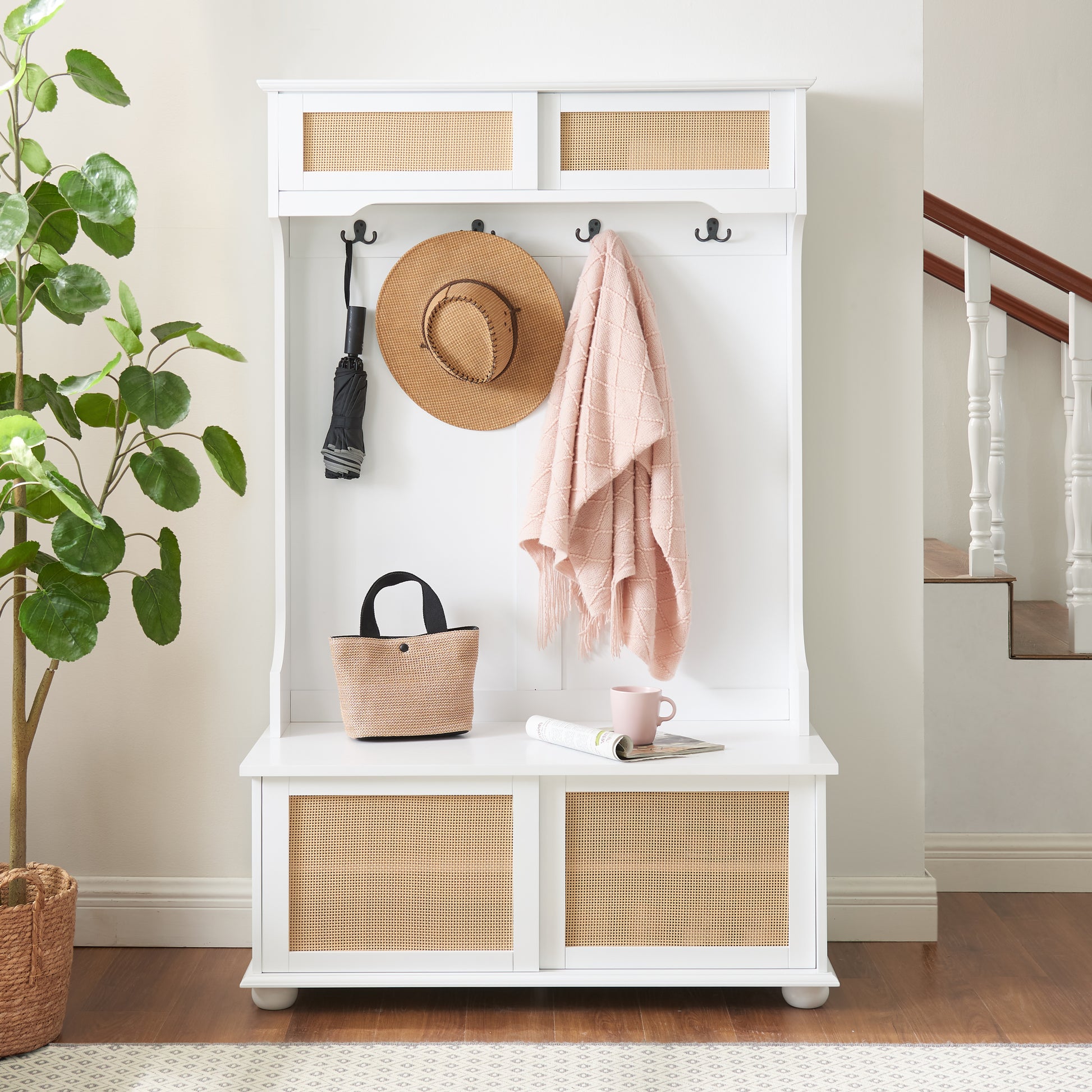 Casual Style Hall Tree Entryway Bench With Rattan Door Shelves And Shoe Cabinets, Solid Wood Feet, White, 40.16"W*18.58"D*64.17"H White Mdf