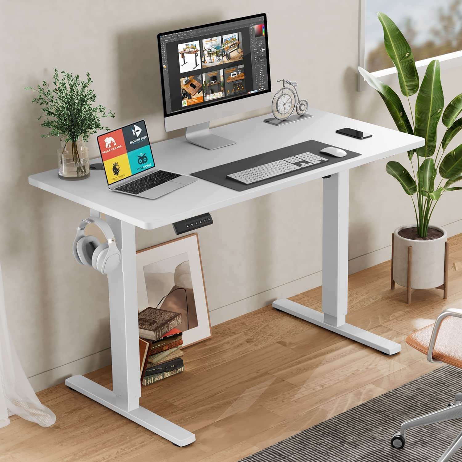 Electric Height Adjustable Standing Desk,Sit To Stand Ergonomic Computer Desk,White,55'' X 24" White Wood
