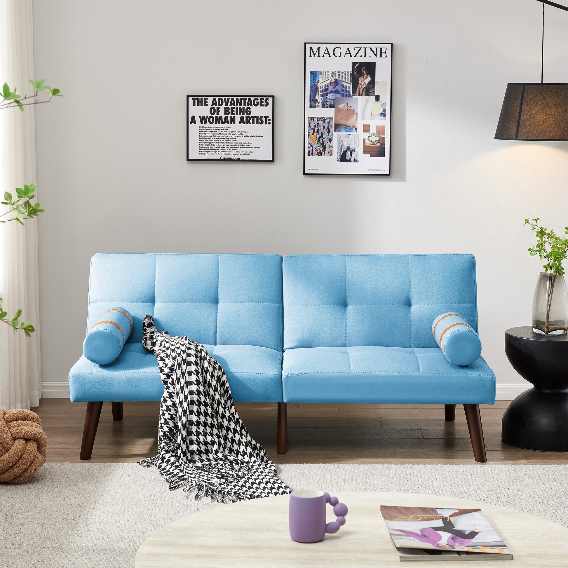 Convertible Sofa Bed Futon With Solid Wood Legs Linen Fabric Blue Blue Fabric