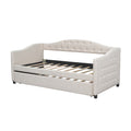 Upholstered Twin Size Daybed With Trundle, Beige Box Spring Not Required Beige Wood Upholstered