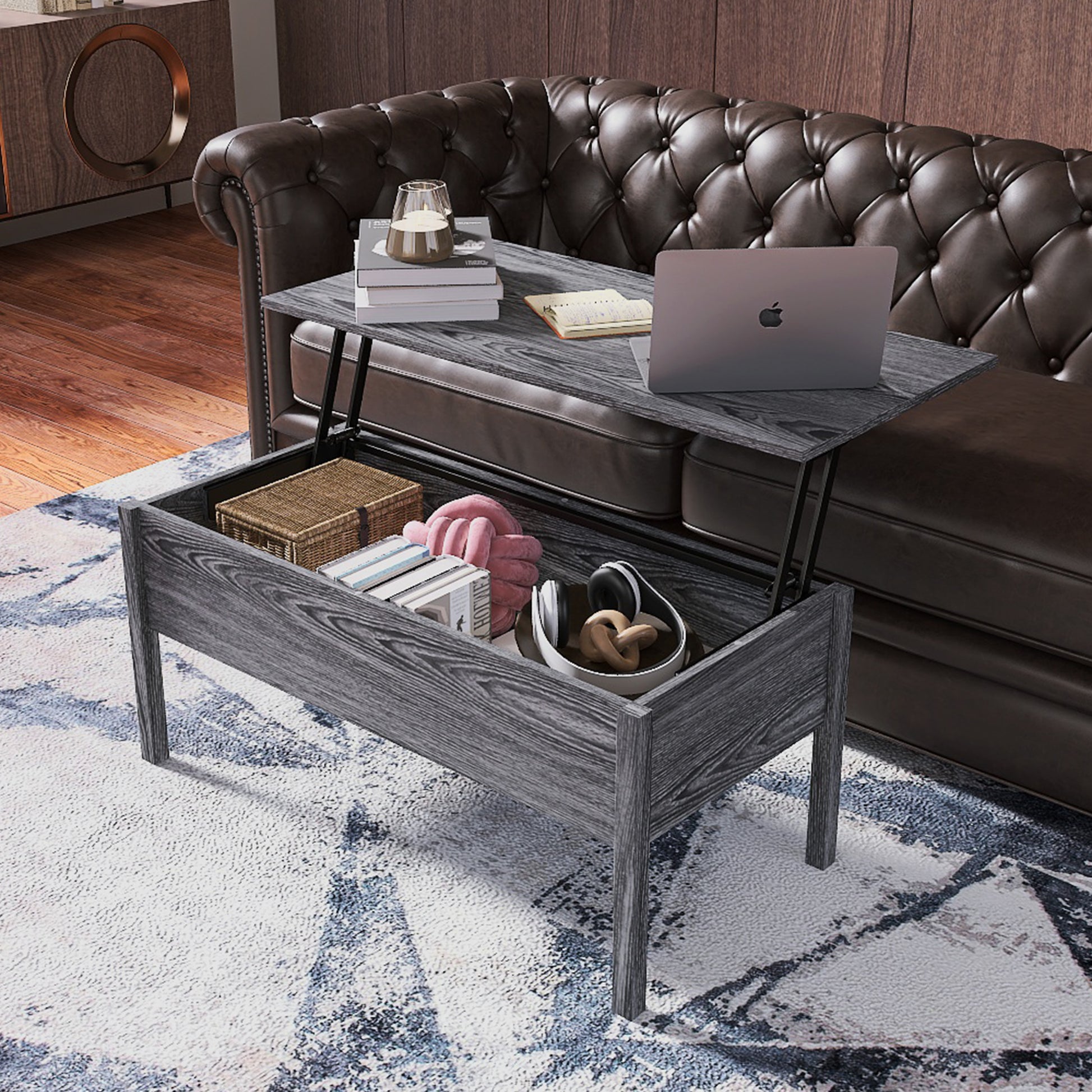 Mdf Lift Top Coffee Table With Storage For Living Room,Dark Grey Oak Dark Gray Mdf Mdf