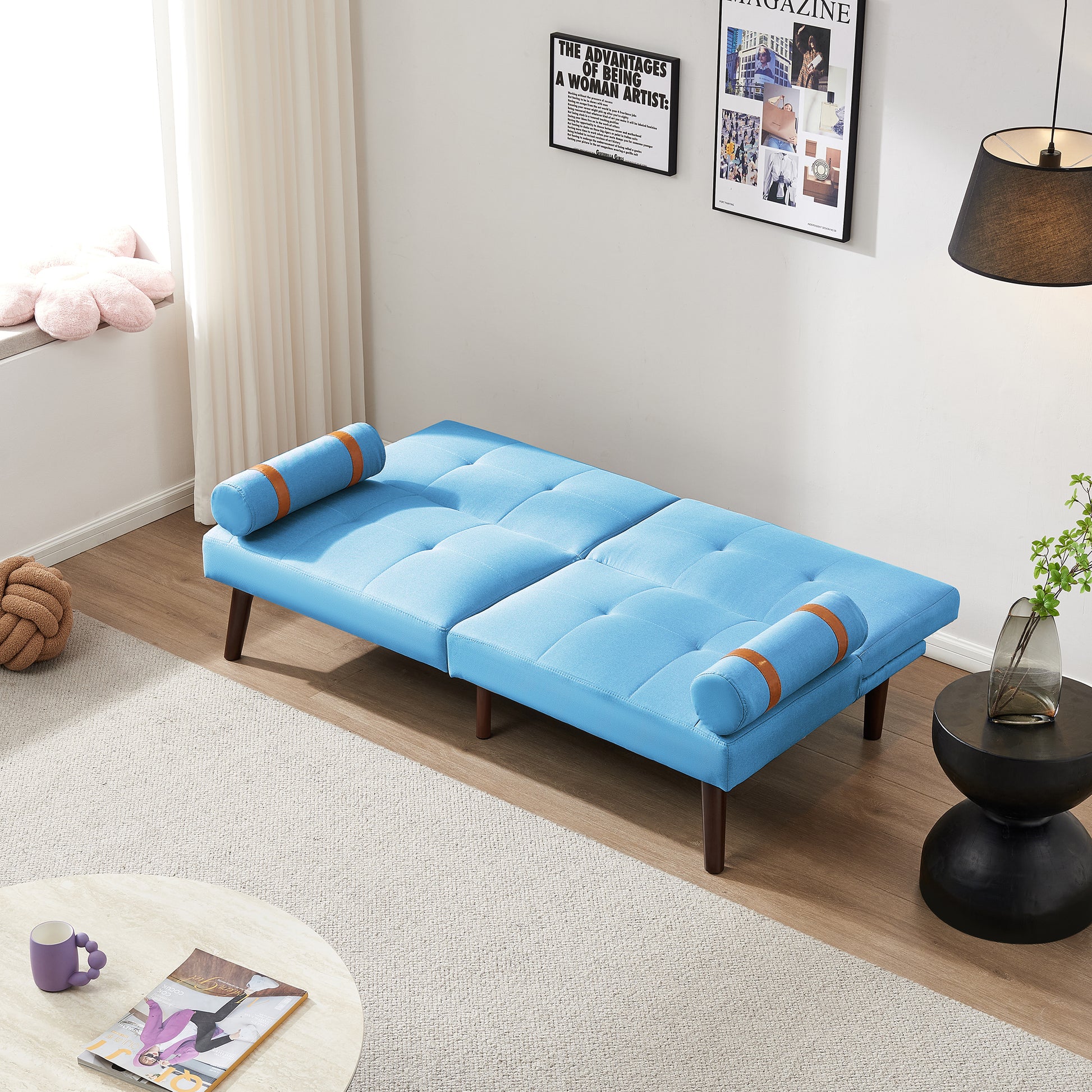 Convertible Sofa Bed Futon With Solid Wood Legs Linen Fabric Blue Blue Fabric