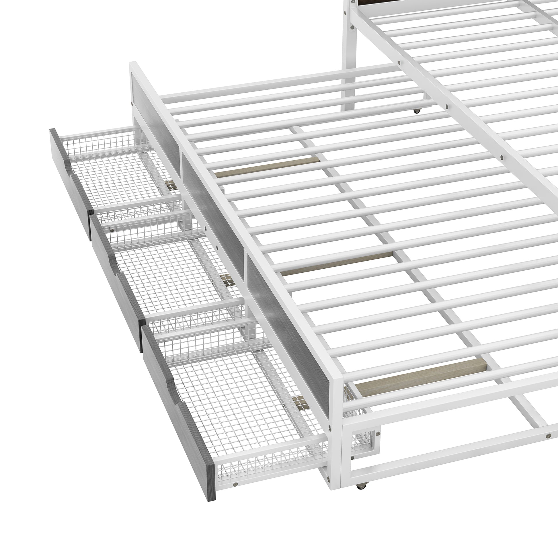 Queen Size Metal Canopy Platform Bed With Twin Size Trundle And 3 Storage Drawers, White Box Spring Not Required Queen White Metal Bedroom Canopy Mdf Metal