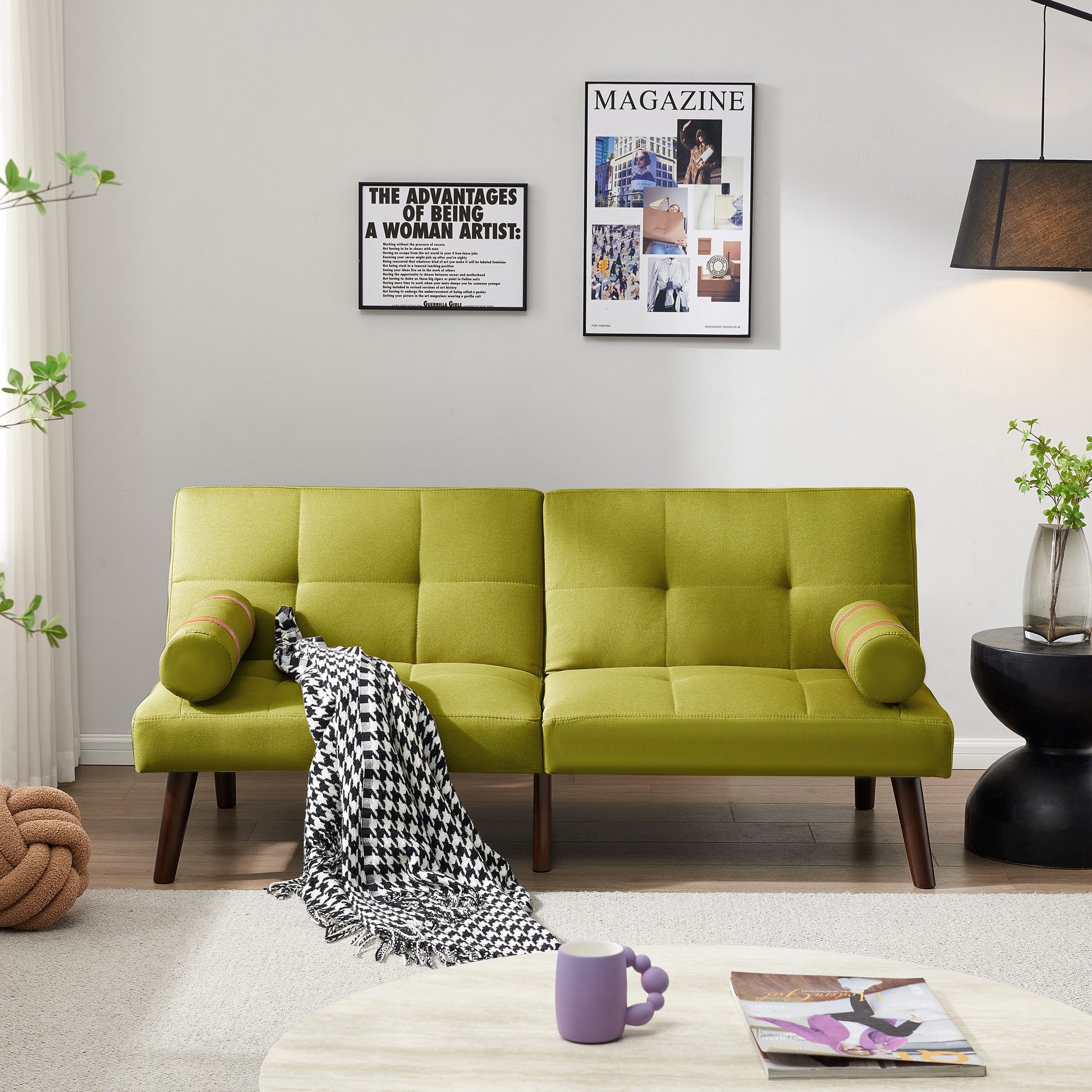 Convertible Sofa Bed Futon With Solid Wood Legs Linen Fabric Musterd Green Light Green Fabric