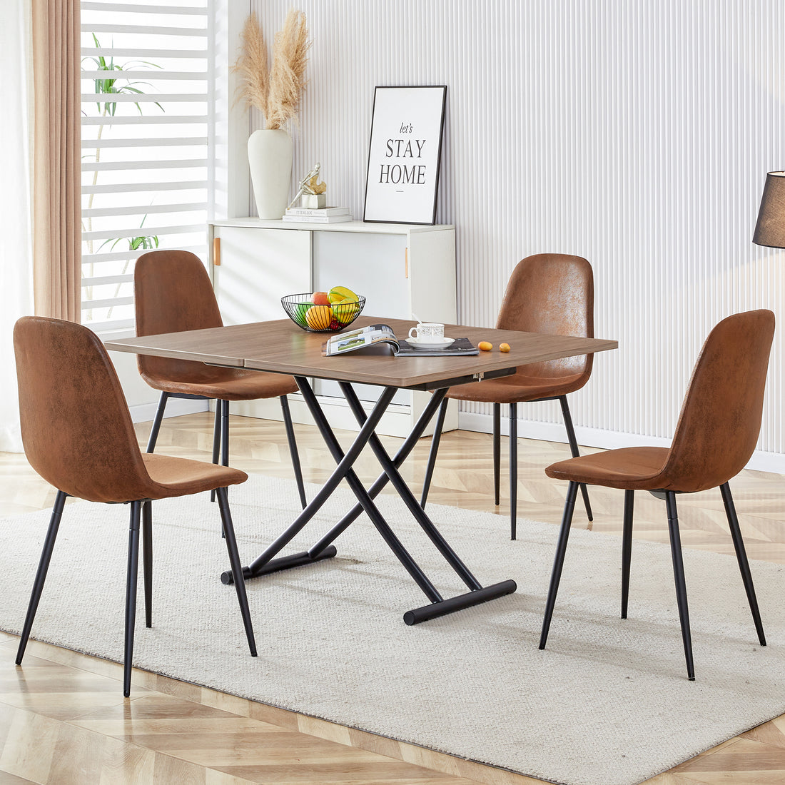 Modern Minimalist Multifunctional Lifting Table, 0.8 Inch Wood Grain Craft Sticker Desktop, Black Metal Legs. 4 Upholstered Dining Chairs With Black Metal Legs. Lt 10055 B0501 Natural Wood Wash Metal