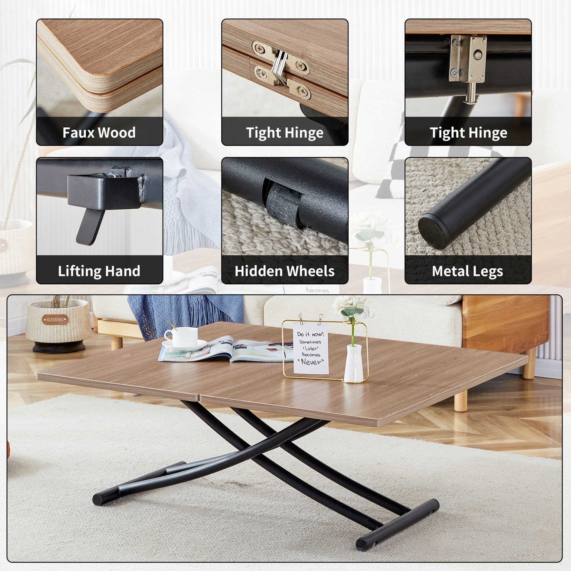 Modern Minimalist Multifunctional Lifting Table, 0.8 Inch Wood Grain Craft Sticker Desktop, Black Metal Legs. 4 Upholstered Dining Chairs With Black Metal Legs. Lt 10055 B0502 Natural Wood Wash Metal