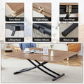 A Modern And Minimalist Multifunctional Lifting Table With A Thickness Of 0.8 Inches. Wooden Grain Craft Sticker Tabletop And Black Metal Table Legs. 4 Faux Leather Upholstered Dining Chairs Natural Wood Wash Metal