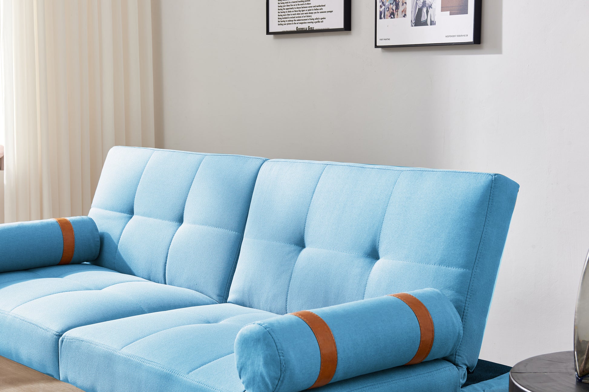 Convertible Sofa Bed Futon With Solid Wood Legs Linen Fabric Blue Blue Fabric