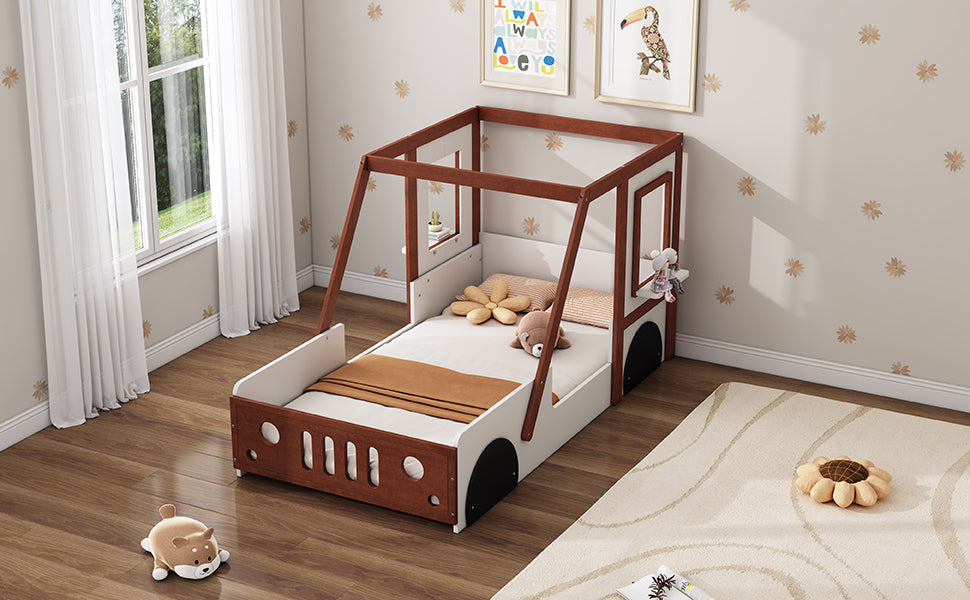 Fun Play Design Twin Size Car Bed, Kids Platform Bed In Car Shaped For Kids Boys Girls Teens,White Orange Twin Orange Solid Wood Mdf