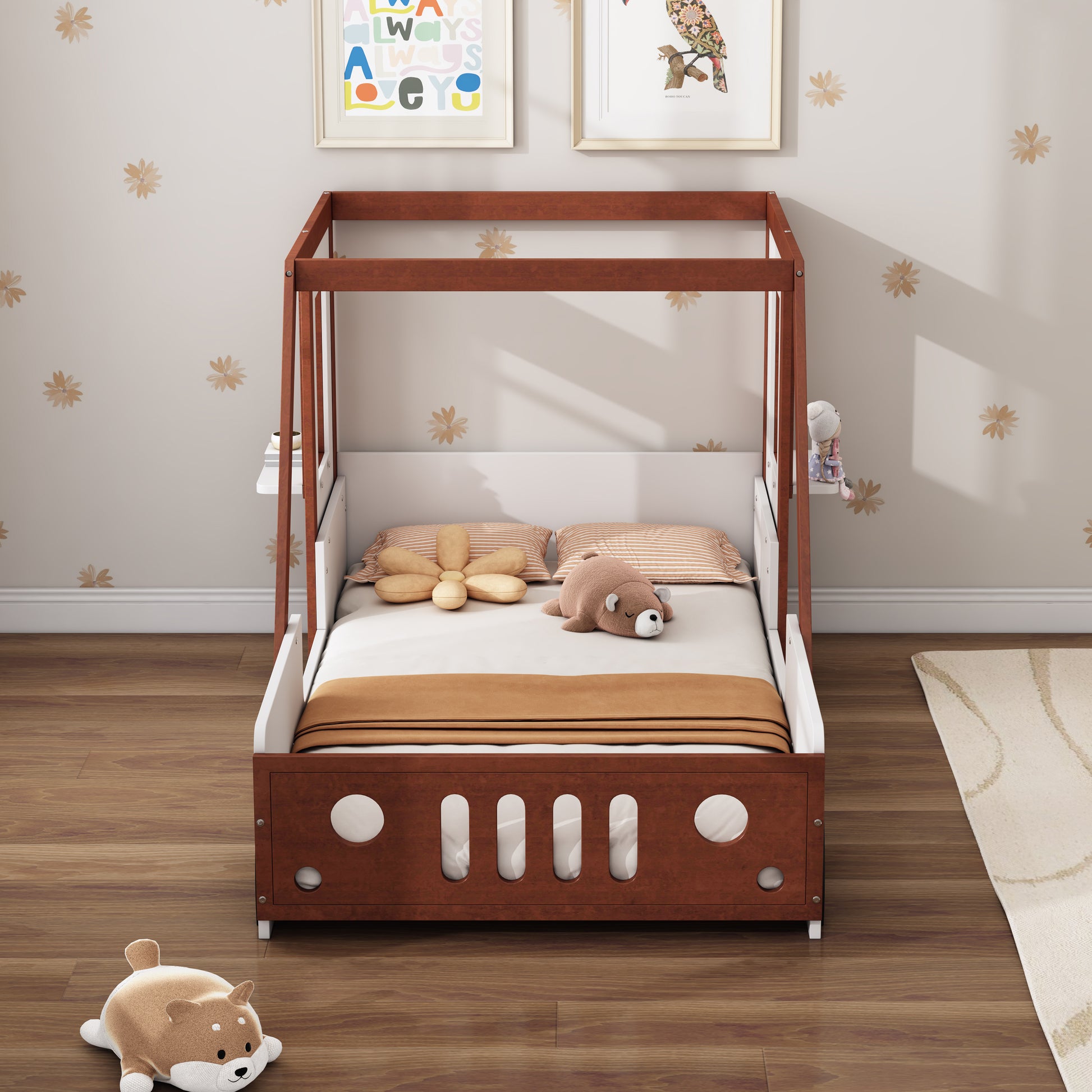 Fun Play Design Twin Size Car Bed, Kids Platform Bed In Car Shaped For Kids Boys Girls Teens,White Orange Twin Orange Solid Wood Mdf