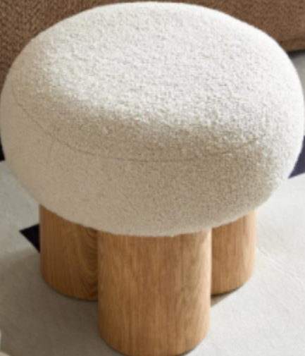 W8017 1 Mushroom Stool, Grieg Plush Cushion, Wooden Barrel Pvc Pipe, Walnut Finish Greige Broadcloth Pleat