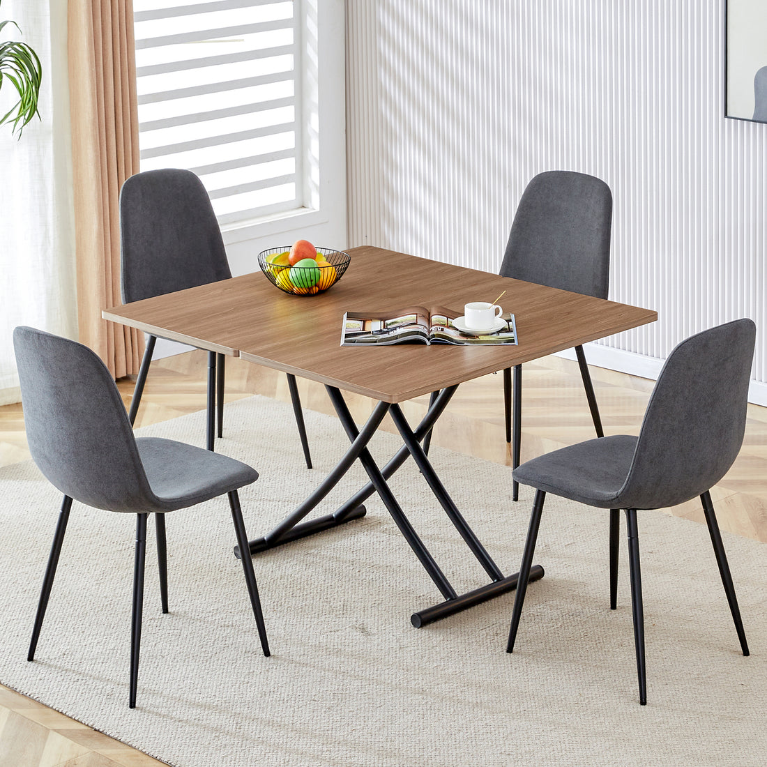 Modern Minimalist Multifunctional Lifting Table, 0.8 Inch Wood Grain Craft Sticker Desktop, Black Metal Legs. 4 Faux Leather Upholstered Dining Chairs With Black Metal Legs. Lt 10055 B0501 Natural Wood Wash Metal