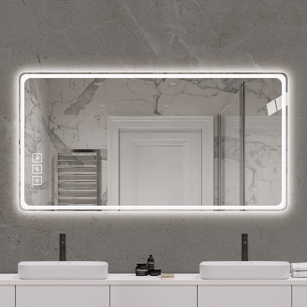 40X32 Inch Led Bathroom Mirror Vanity Mirrors With Front Lights Wall Mounted Anti Fog Frameless Make Up Mirror With Light 5 Mm Copper Free Silver Mirror Horizontal Or Vertical Silver Glass