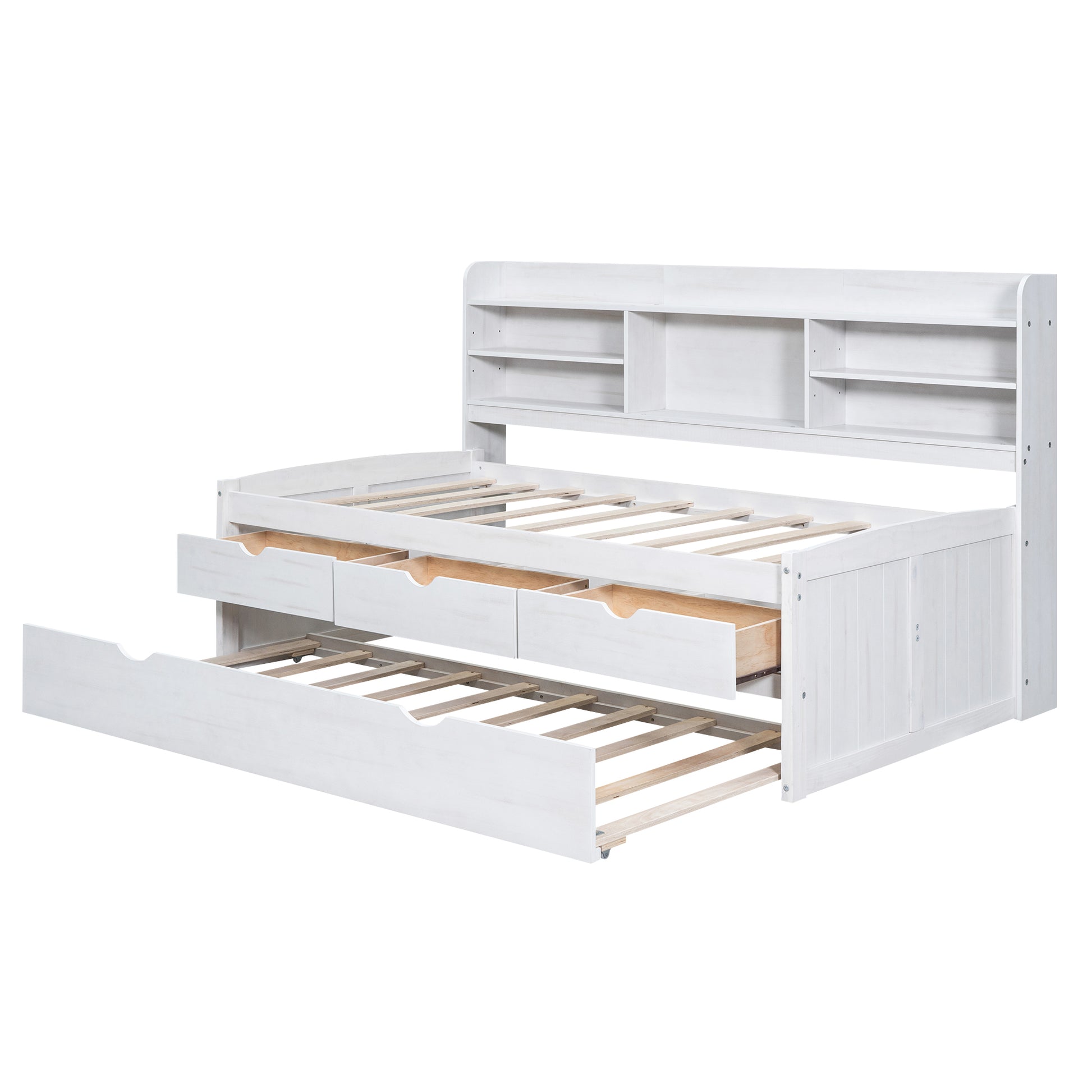 Twin Size Wooden Captain Bed With Built In Bookshelves,Three Storage Drawers And Trundle, White Wash Box Spring Not Required Twin White Washed Wood Pine