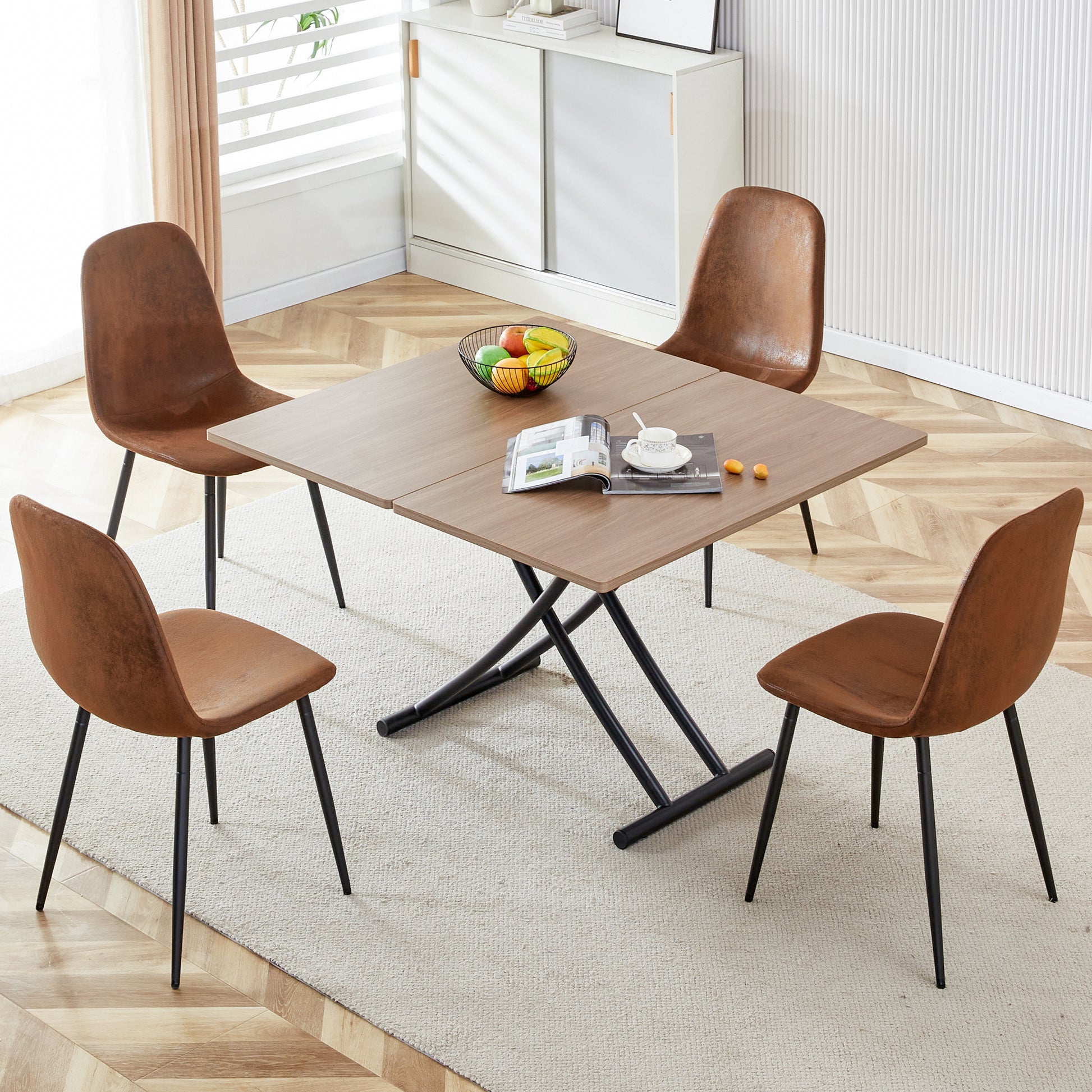 Modern Minimalist Multifunctional Lifting Table, 0.8 Inch Wood Grain Craft Sticker Desktop, Black Metal Legs. 4 Upholstered Dining Chairs With Black Metal Legs. Lt 10055 B0501 Natural Wood Wash Metal