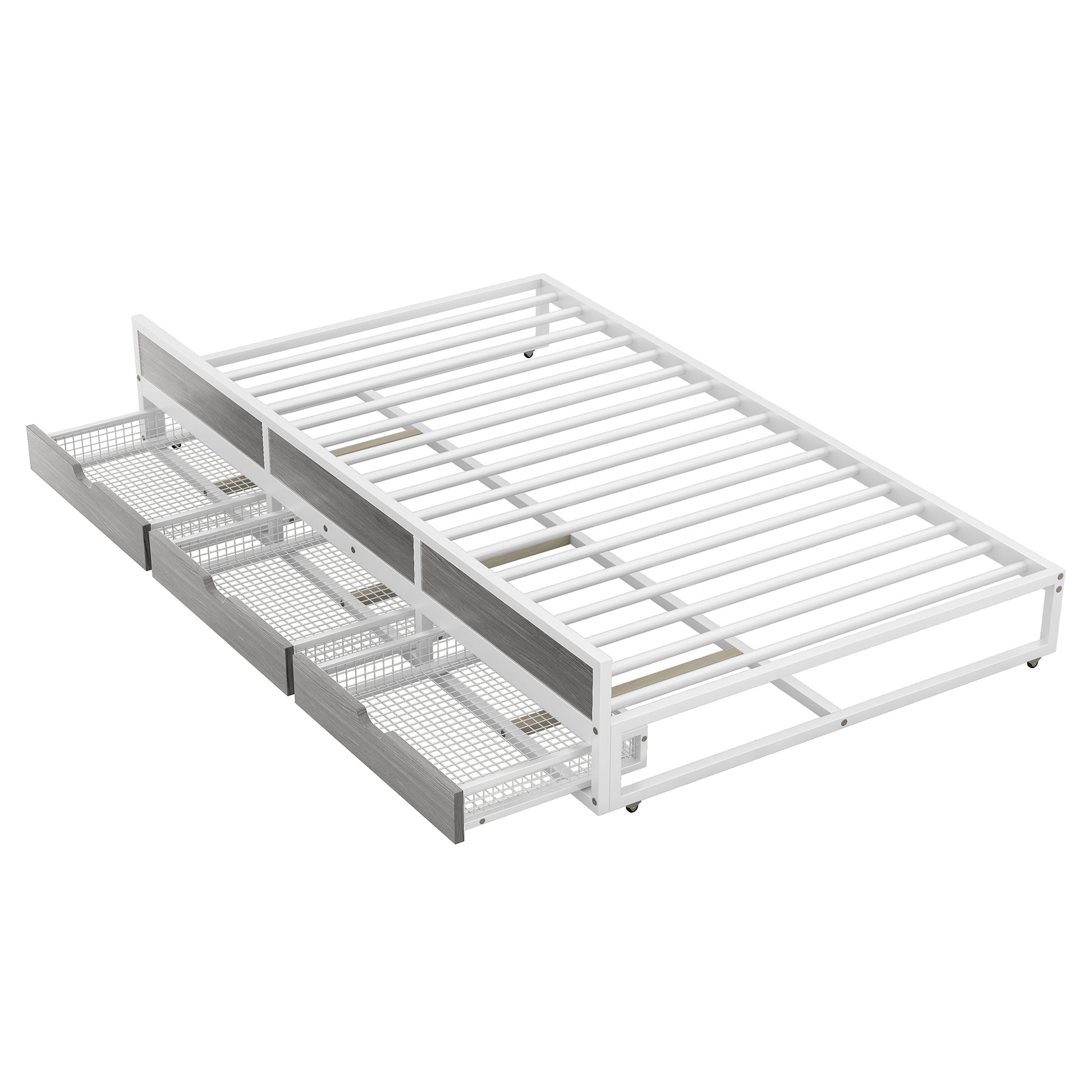 Queen Size Metal Canopy Platform Bed With Twin Size Trundle And 3 Storage Drawers, White Box Spring Not Required Queen White Metal Bedroom Canopy Mdf Metal