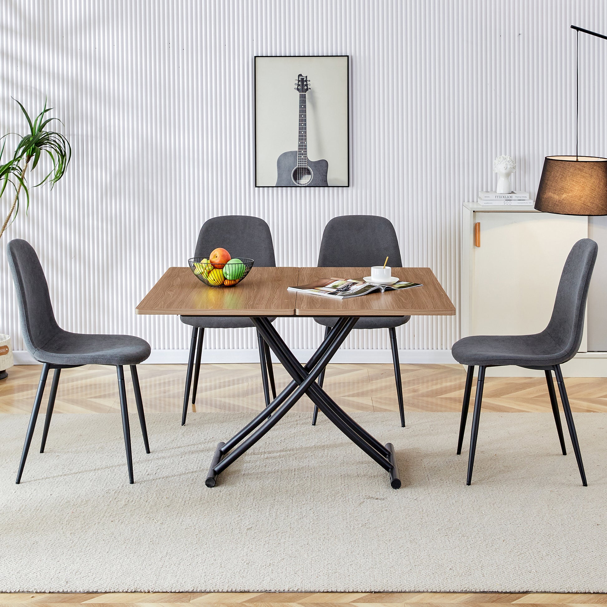 Modern Minimalist Multifunctional Lifting Table, 0.8 Inch Wood Grain Craft Sticker Desktop, Black Metal Legs. 4 Faux Leather Upholstered Dining Chairs With Black Metal Legs. Lt 10055 B0501 Natural Wood Wash Metal