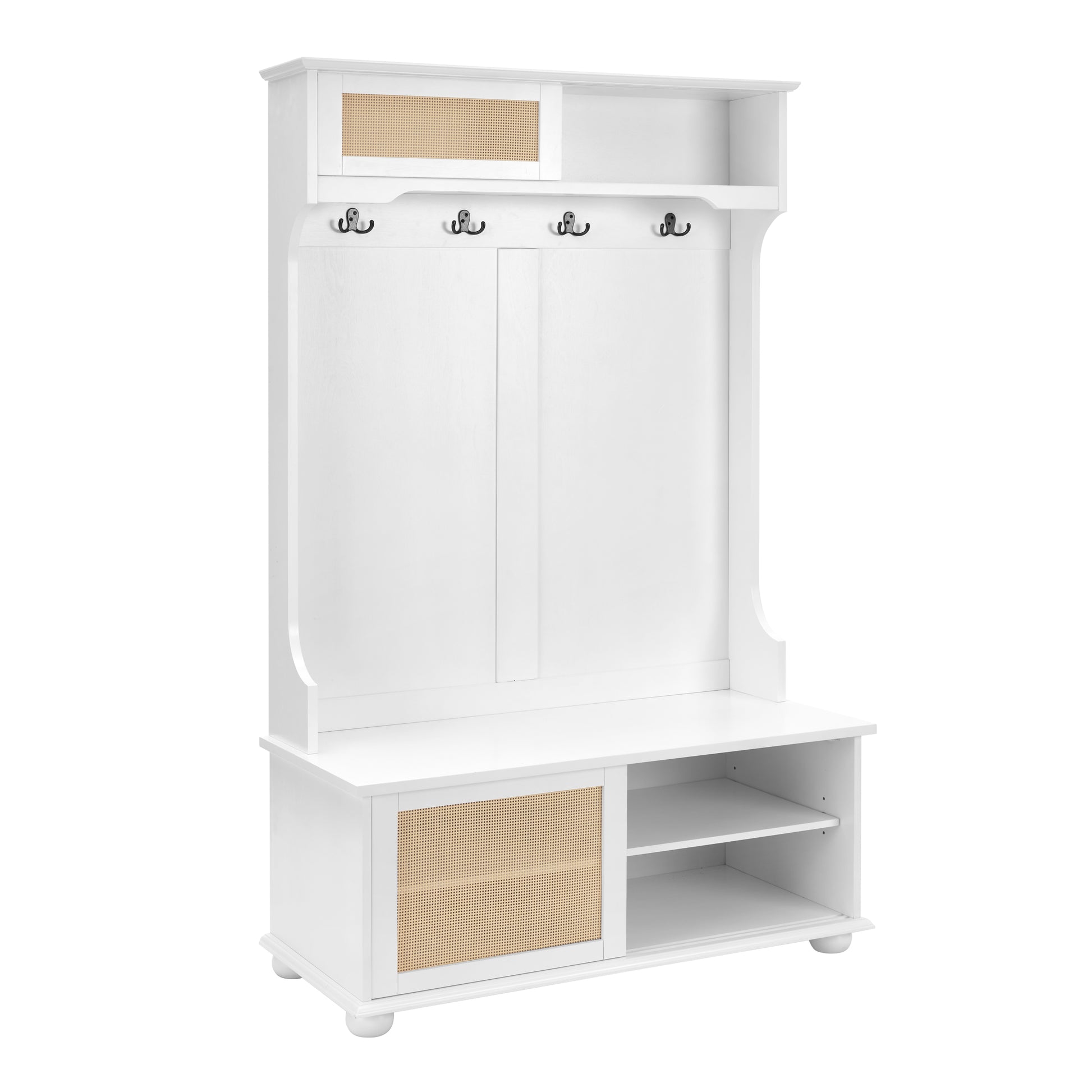 Casual Style Hall Tree Entryway Bench With Rattan Door Shelves And Shoe Cabinets, Solid Wood Feet, White, 40.16"W*18.58"D*64.17"H White Mdf