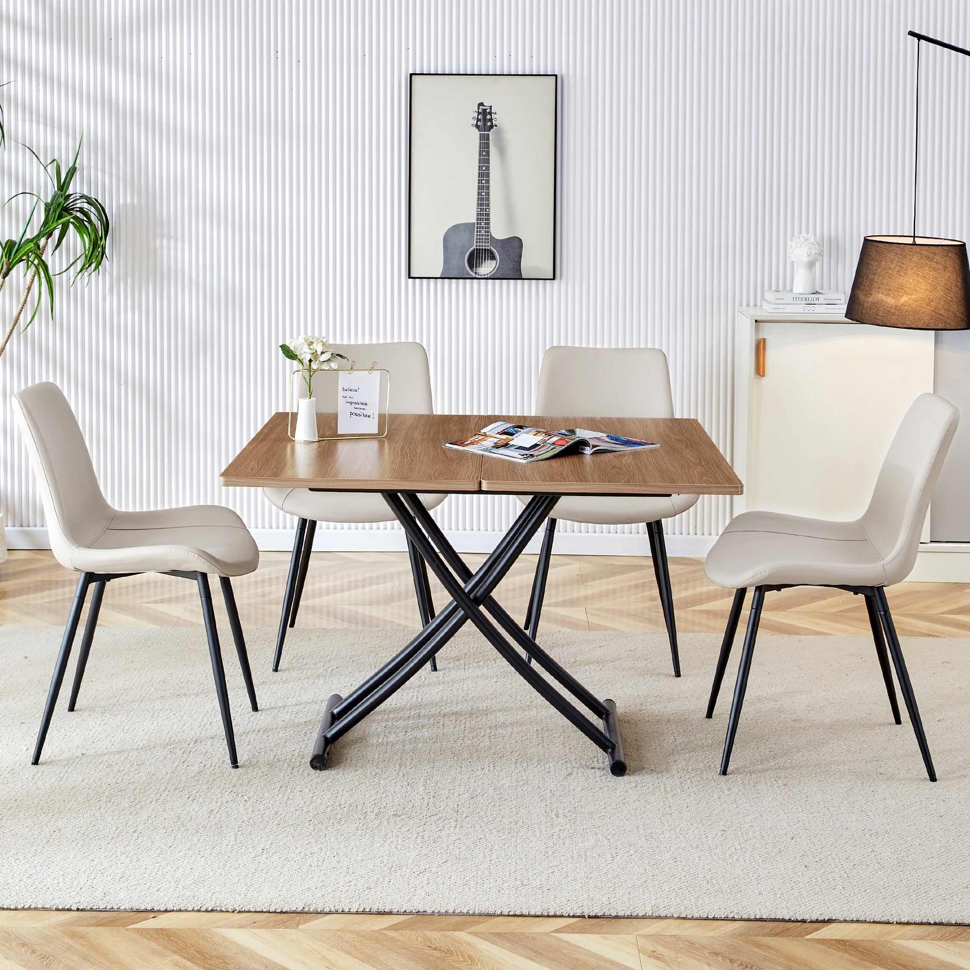 Modern Minimalist Multifunctional Lifting Table, 0.8 Inch Wood Grain Craft Sticker Desktop, Black Metal Legs. 4 Faux Leather Upholstered Dining Chairs With Black Metal Legs. Lt 10055 B0502 Natural Wood Wash Metal