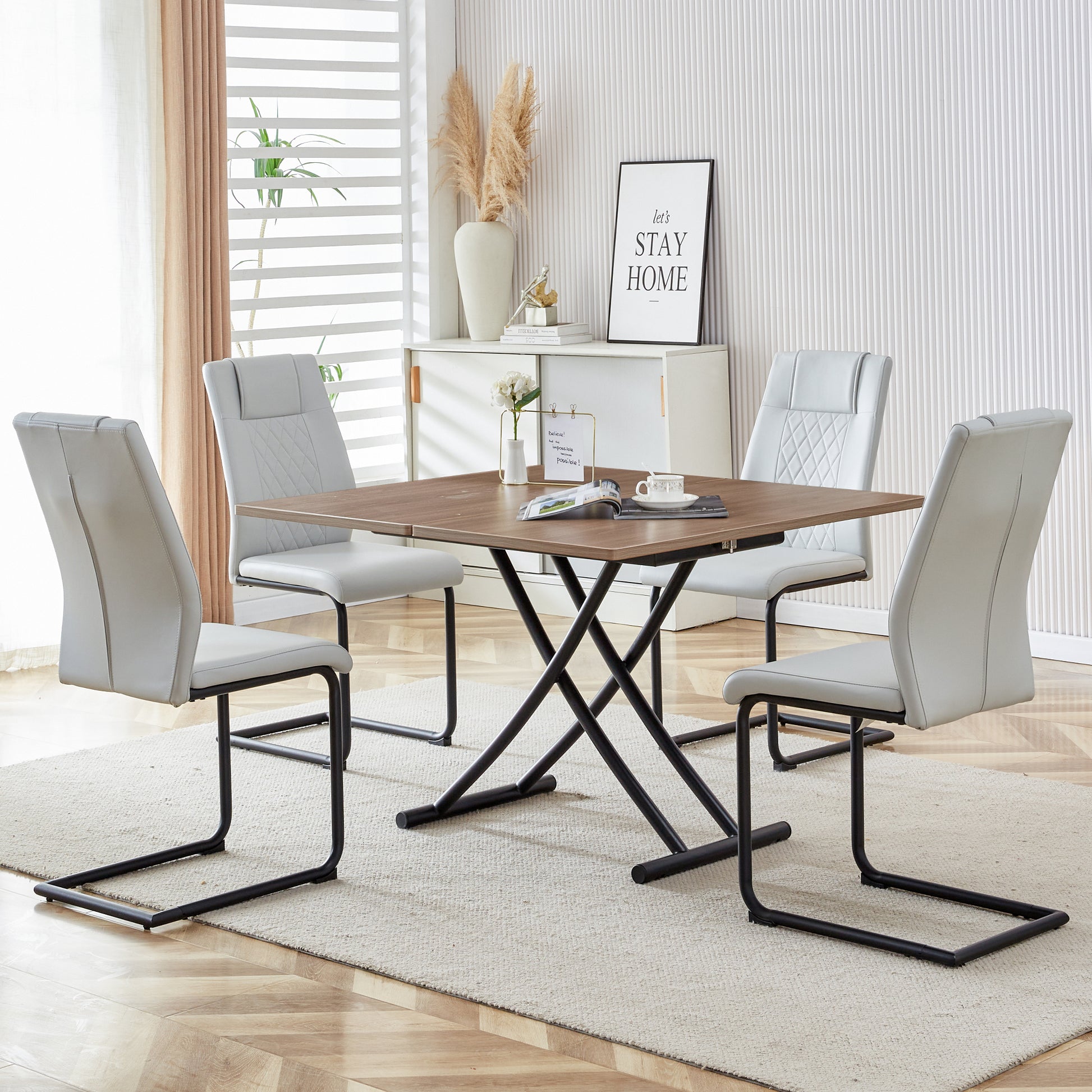 A Modern And Minimalist Multifunctional Lifting Table With A Thickness Of 0.8 Inches. Wooden Grain Craft Sticker Tabletop And Black Metal Table Legs. 4 Faux Leather Upholstered Dining Chairs Natural Wood Wash Metal