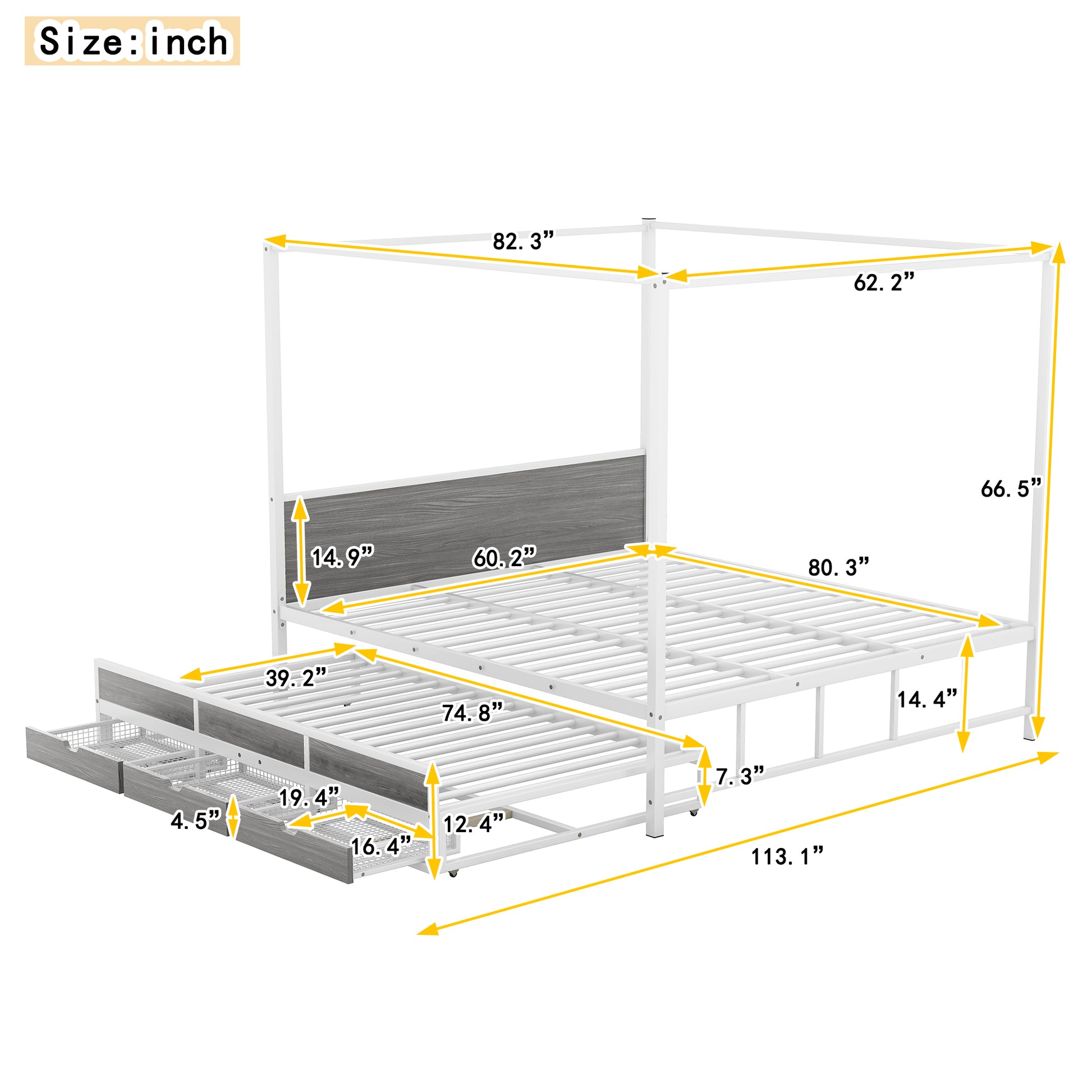 Queen Size Metal Canopy Platform Bed With Twin Size Trundle And 3 Storage Drawers, White Box Spring Not Required Queen White Metal Bedroom Canopy Mdf Metal