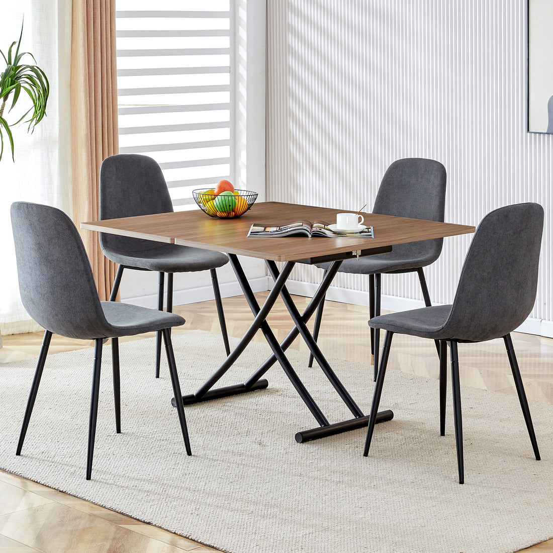 Modern Minimalist Multifunctional Lifting Table, 0.8 Inch Wood Grain Craft Sticker Desktop, Black Metal Legs. 4 Faux Leather Upholstered Dining Chairs With Black Metal Legs. Lt 10055 B0501 Natural Wood Wash Metal