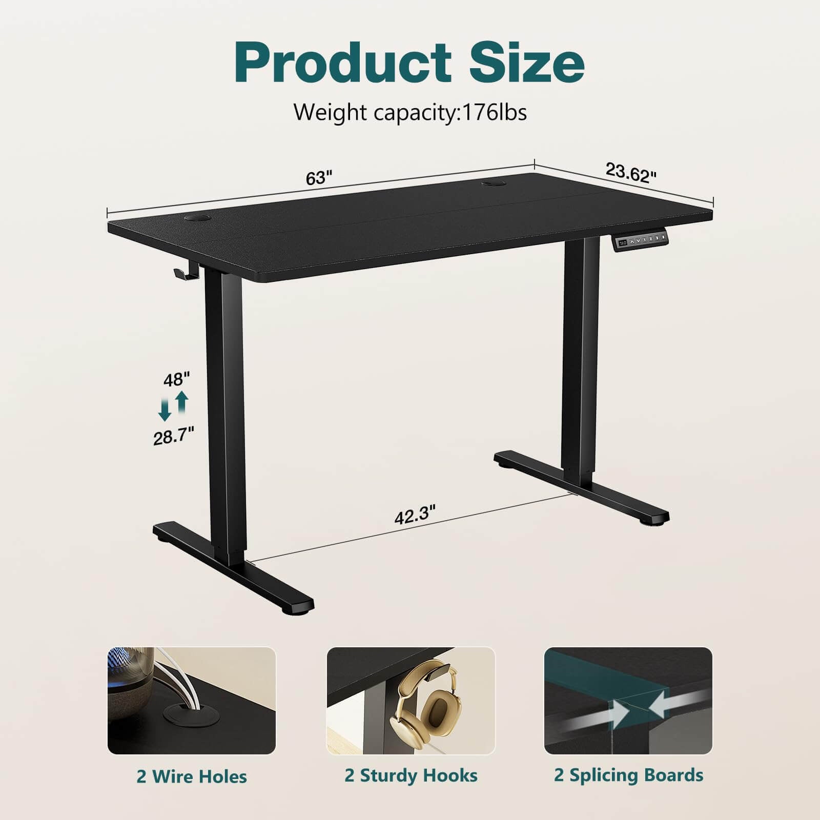 Electric Height Adjustable Standing Desk,Sit To Stand Ergonomic Computer Desk,Black,63'' X 24" Black Wood