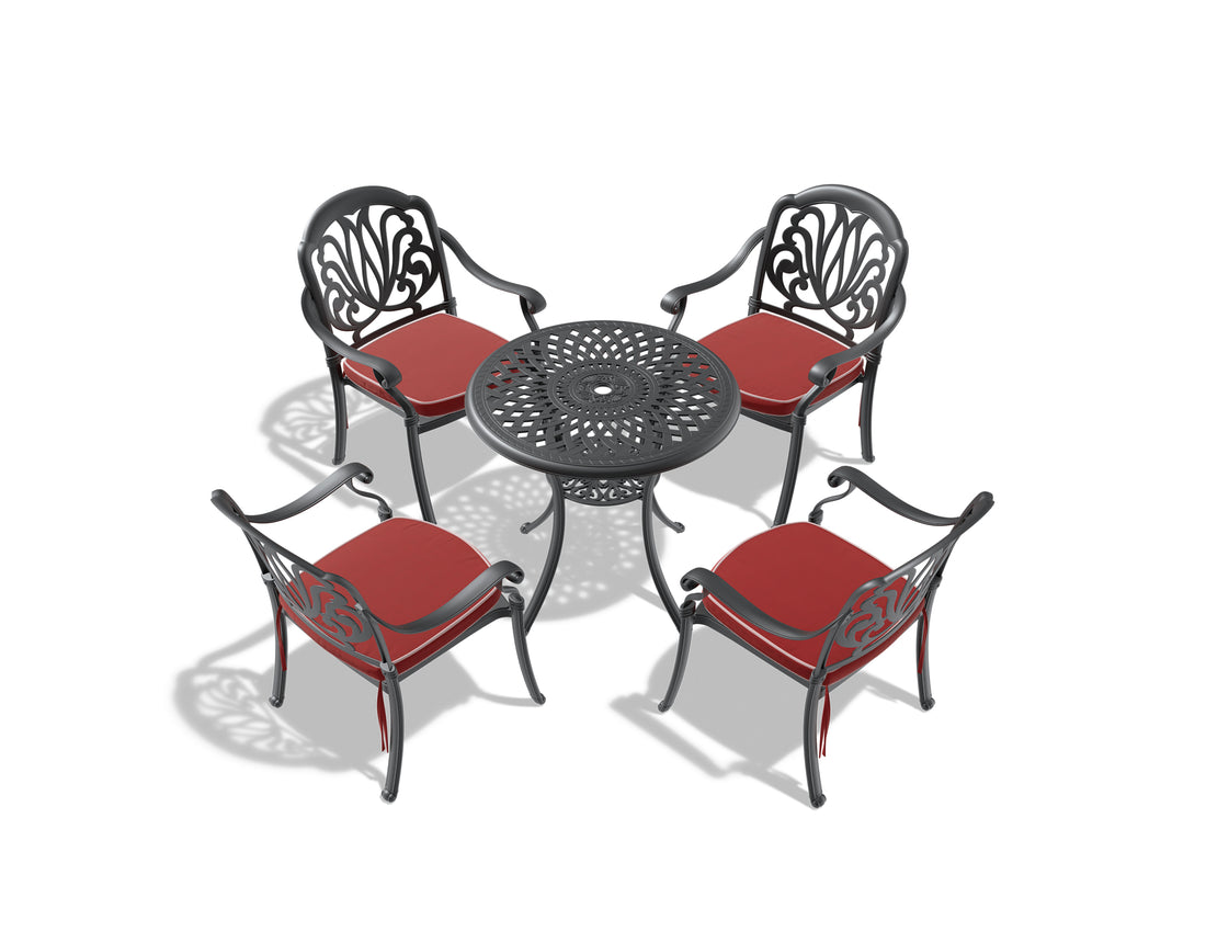 Cushions In Random Colors 5 Piece Set Of Cast Aluminum Patio Furniture With Cushions Yes Dining Set Black Seats 4 Rust Resistant Frame Water Resistant Cushion Garden & Outdoor Complete Patio Sets Aluminium