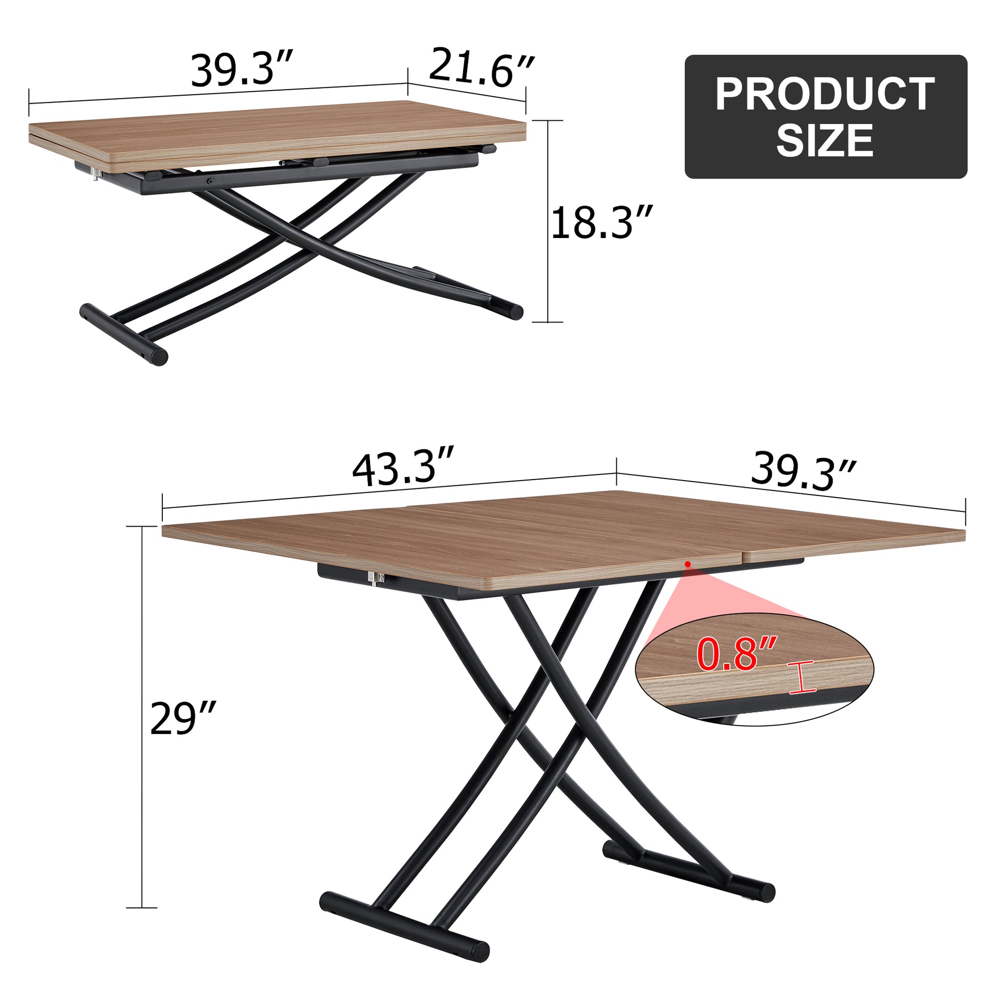 A Modern And Minimalist Multifunctional Lifting Table With A Thickness Of 0.8 Inches. Wooden Grain Craft Sticker Tabletop And Black Metal Table Legs. 4 Faux Leather Upholstered Dining Chairs Natural Wood Wash Metal