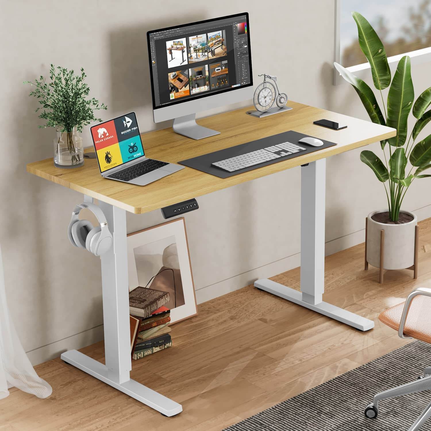 Electric Height Adjustable Standing Desk,Sit To Stand Ergonomic Computer Desk,Yellow,48'' X 24" Black Wood