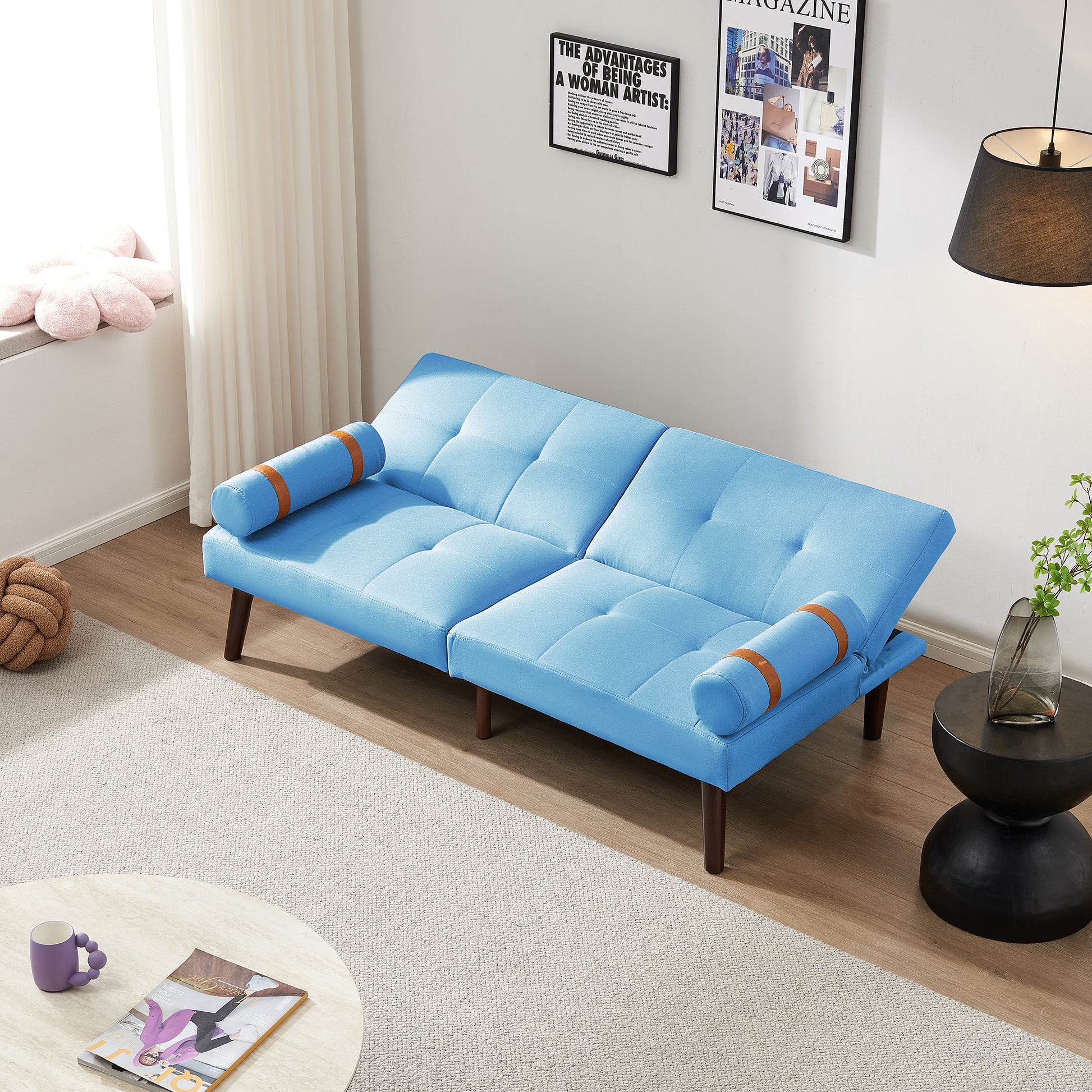 Convertible Sofa Bed Futon With Solid Wood Legs Linen Fabric Blue Blue Fabric